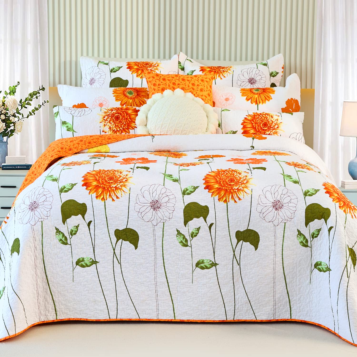 Evenhug 100% Cotton Quilt Queen Size Orange Sunflower Bedding Set Floral Lightweight Quilt Reversible Coverlet Bedspread With 2