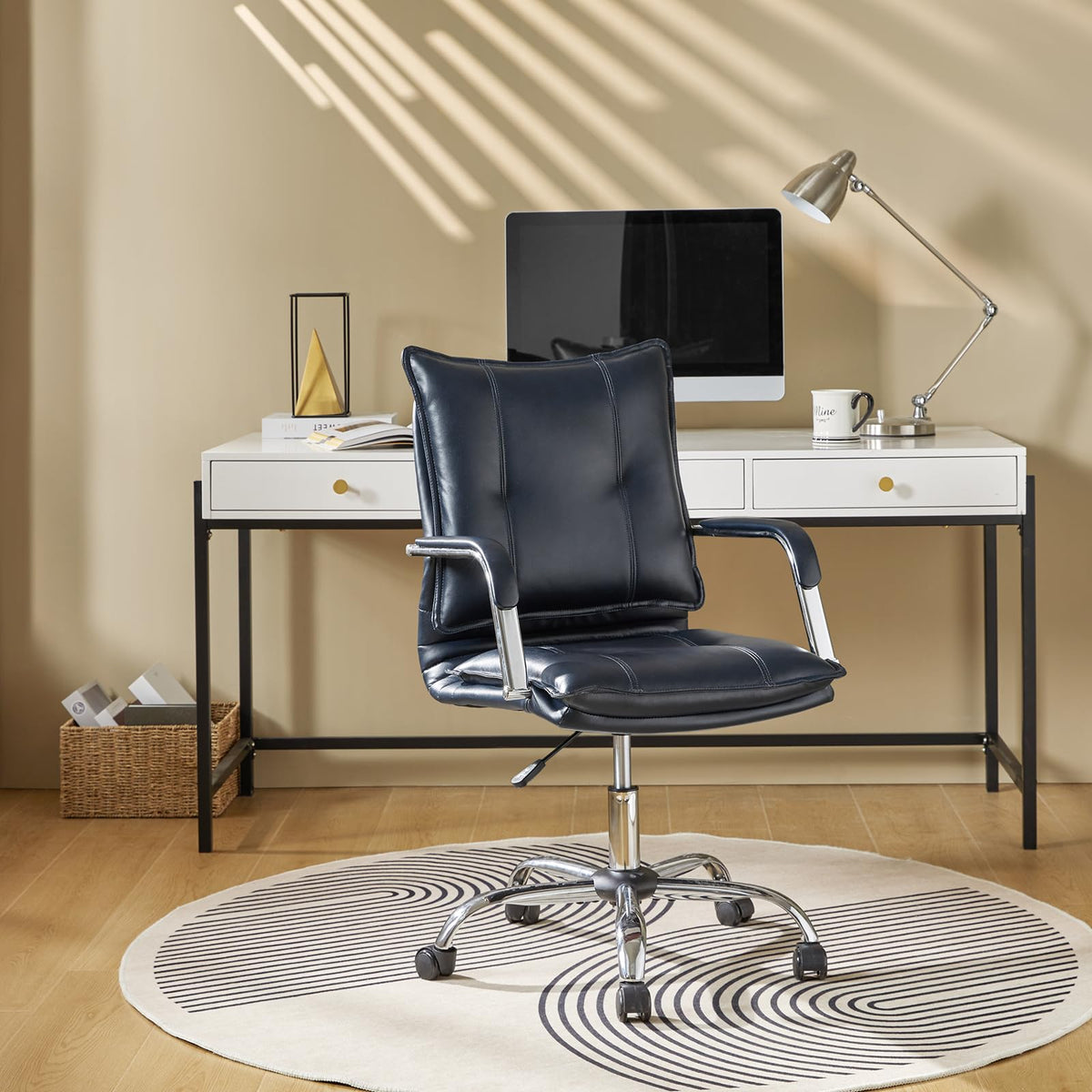 Hulala Home Faux Leather Home Office Desk Chair, Adjustable Swivel Computer Chair With Sliver Legs And Arms, Comfy Upholstered Task Chair(Navy)