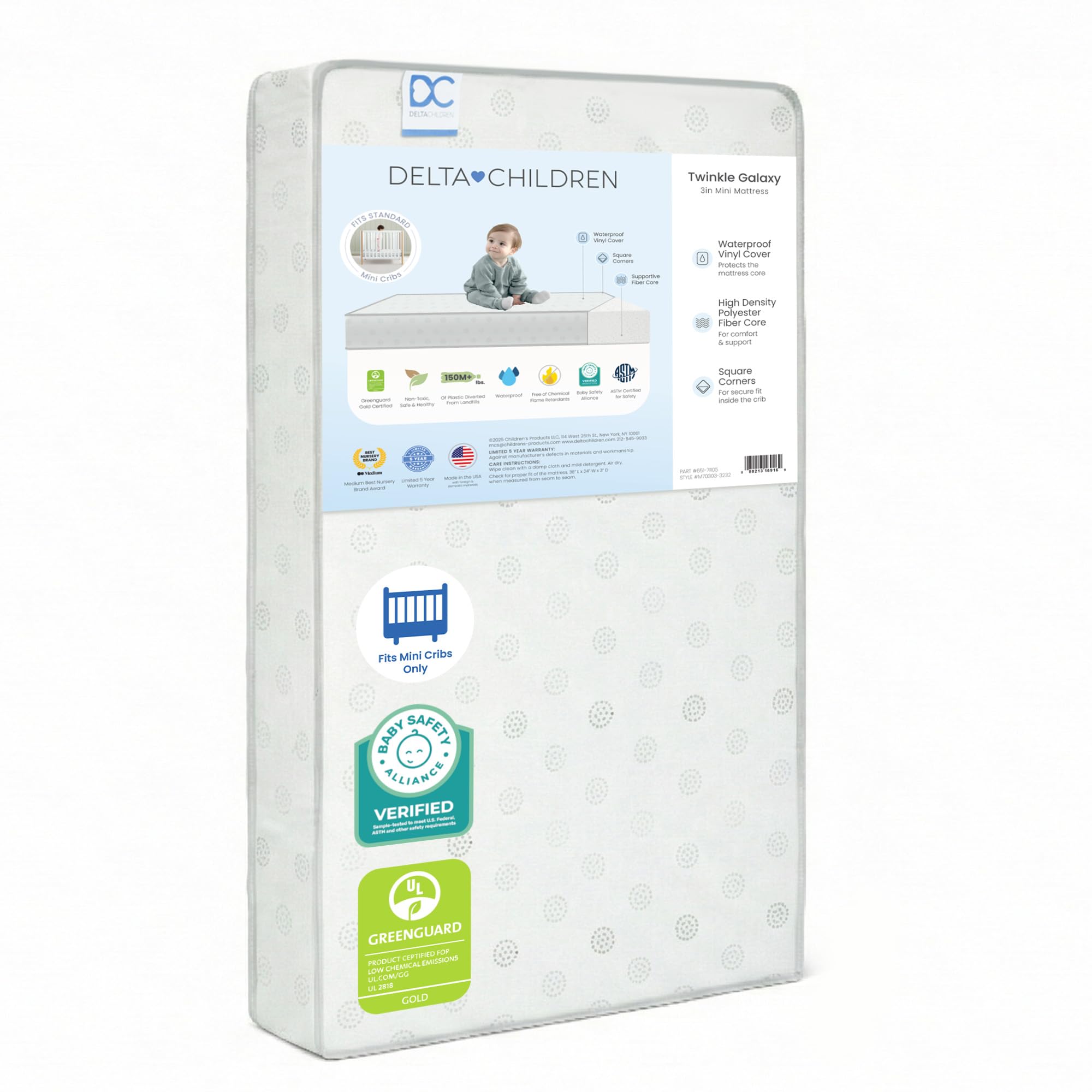 Twinkle Galaxy 3-inch Mini/Portable Crib Mattress - Sustainably Sourced Fiber Core - Waterproof - GREENGUARD Gold Certified (Non