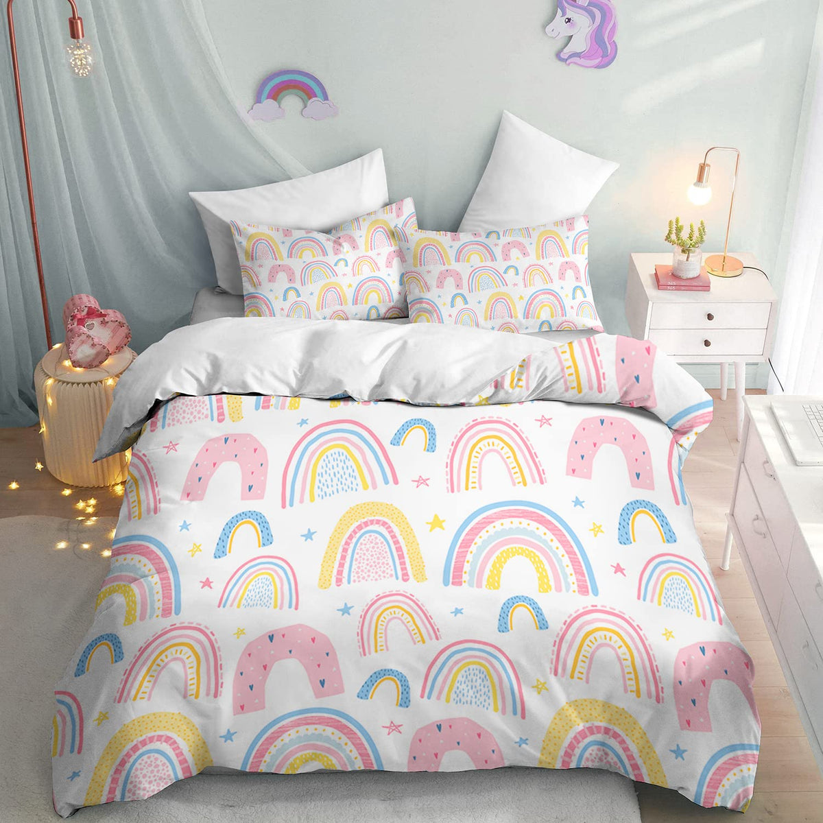 Bedmust Rainbow Twin Duvet Cover Set For Girls Pink And Yellow Rainbow Star Duvet Cover 3 Piece With 2 Pillow Shams(1 Duvet Cove