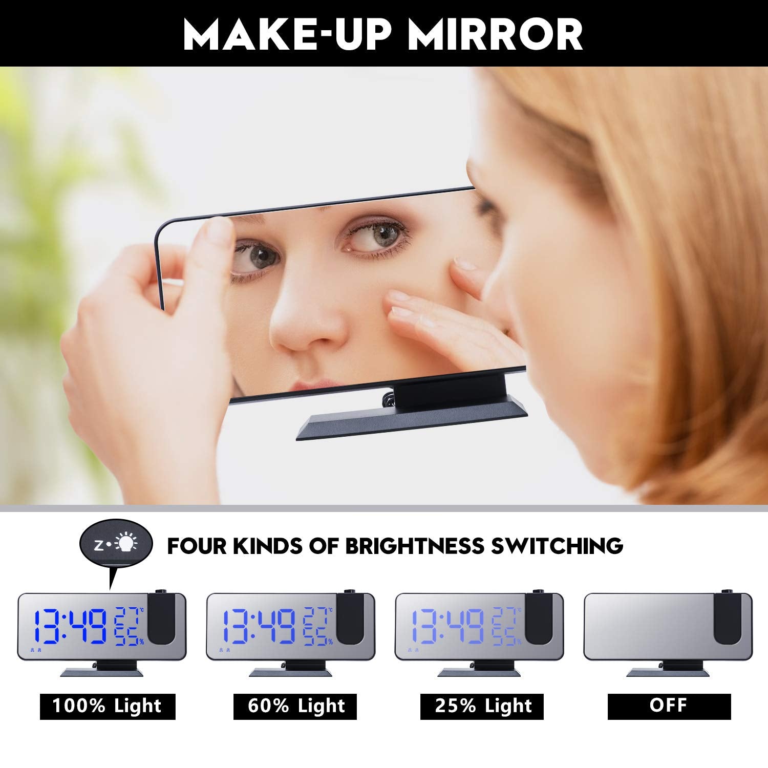 Projection Digital Alarm Clock For Bedrooms, Radio Alarm Clock On Ceiling, Usb Charger Port, Temperature & Humidity Display, 7.3