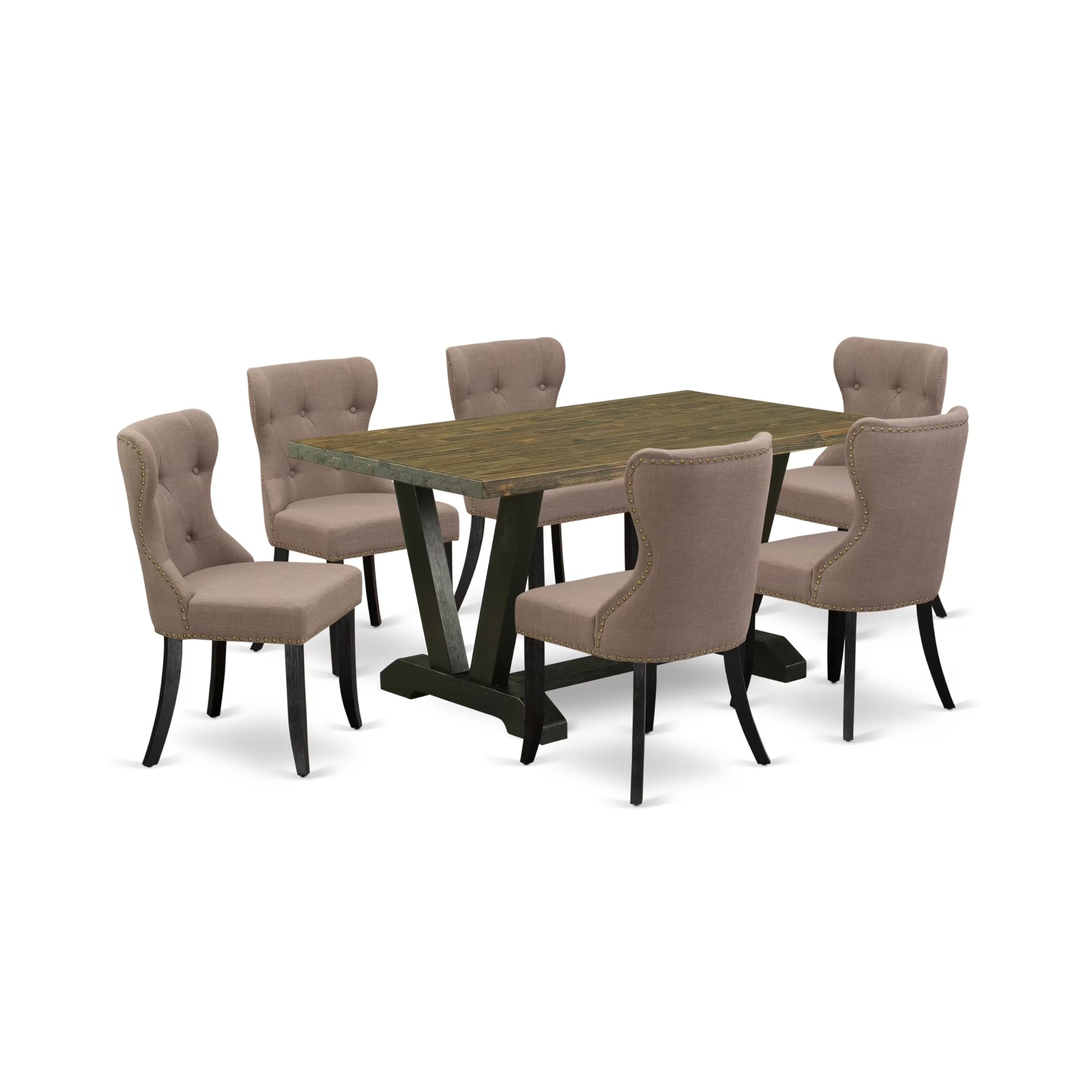 East West Furniture V676Si648-7 7 Piece Dining Set Consist Of A Rectangle Dining Room Table With V-Legs And 6 Coffee Linen Fabric Upholstered Chairs, 36X60 Inch, Multi-Color