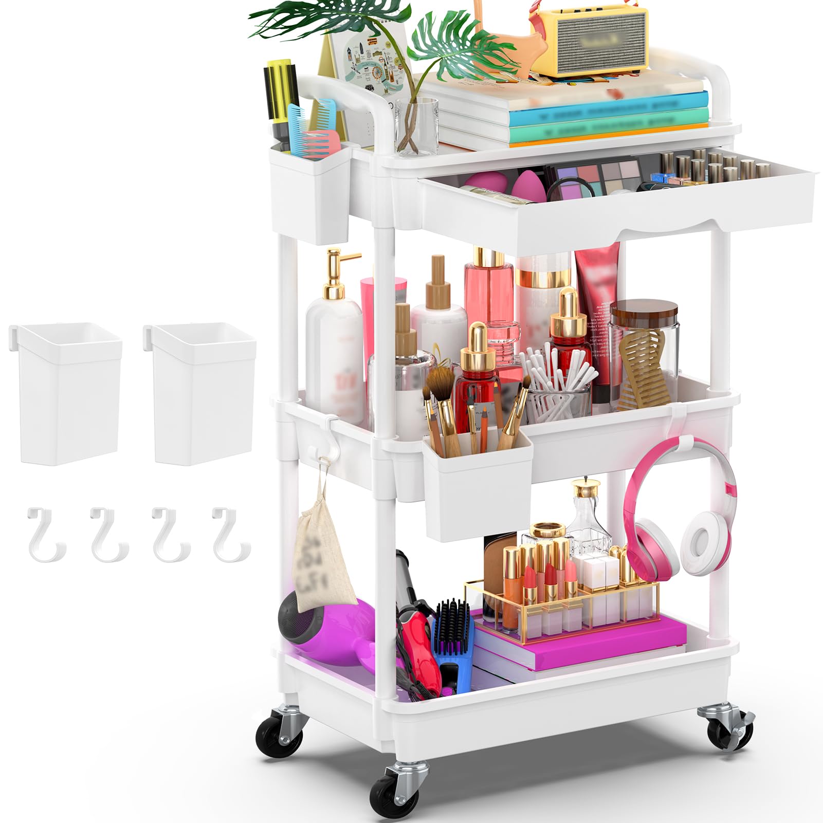 Goovilla 3 Tier Rolling Utility Cart Organizer With Removable Drawer, Stable And Sturdy White Rolling Storage Carts With 2 Locka