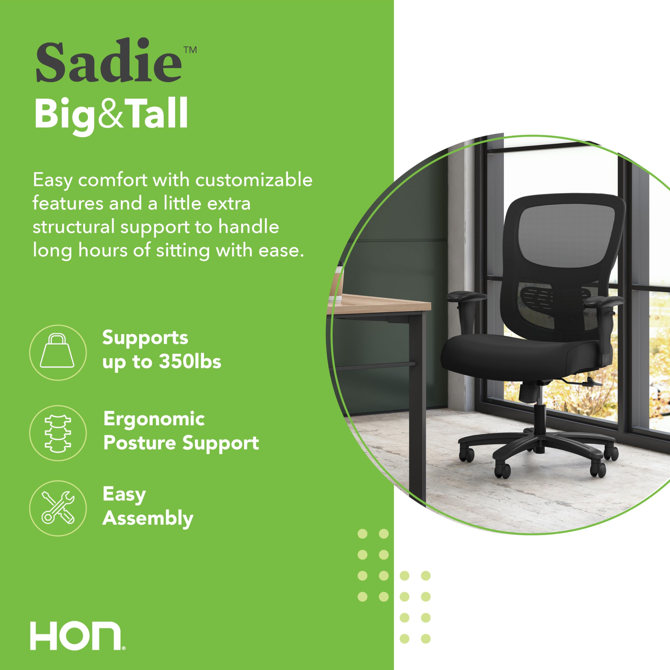 HON Sadie Big and Tall Mesh Back Chair, with Height Arms, Adjustable Lumbar, 30.31D x 30.31W x 42.91H in, Black