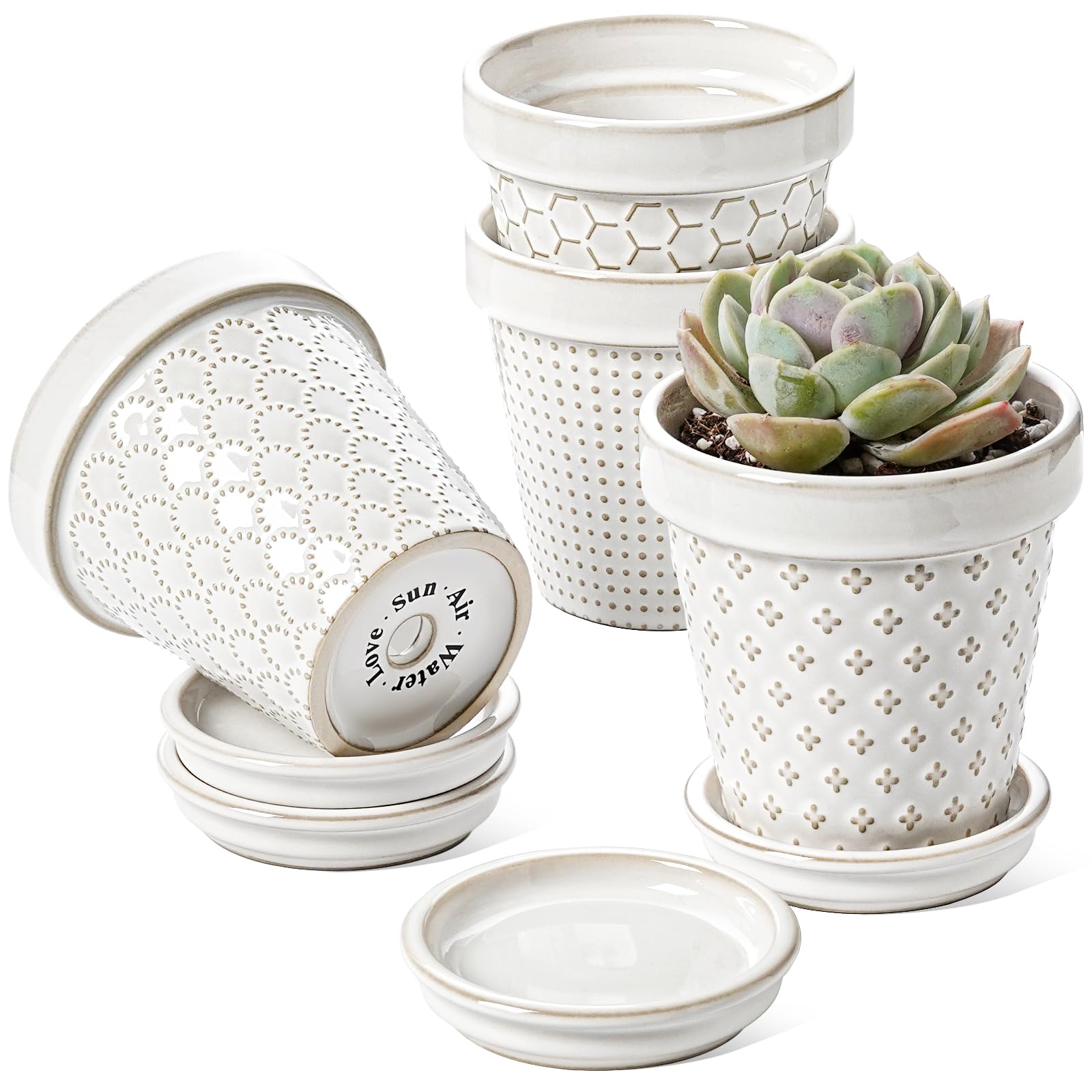 Le Tauci Ceramic Succulent Pots, 4 Inch Small Plant Pot For Indoor Plant Cactus, Embossed Flower Pots With Drainage Holes & Sauc