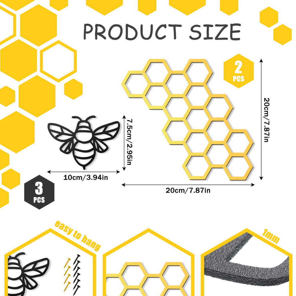 Peryiter 5 Pcs Metal Bee Wall Art Farmhouse Honey Bee Honey Comb Decor Wire Metal Bee Wall Metal Decor Bee Metal Wall Hanging Fo