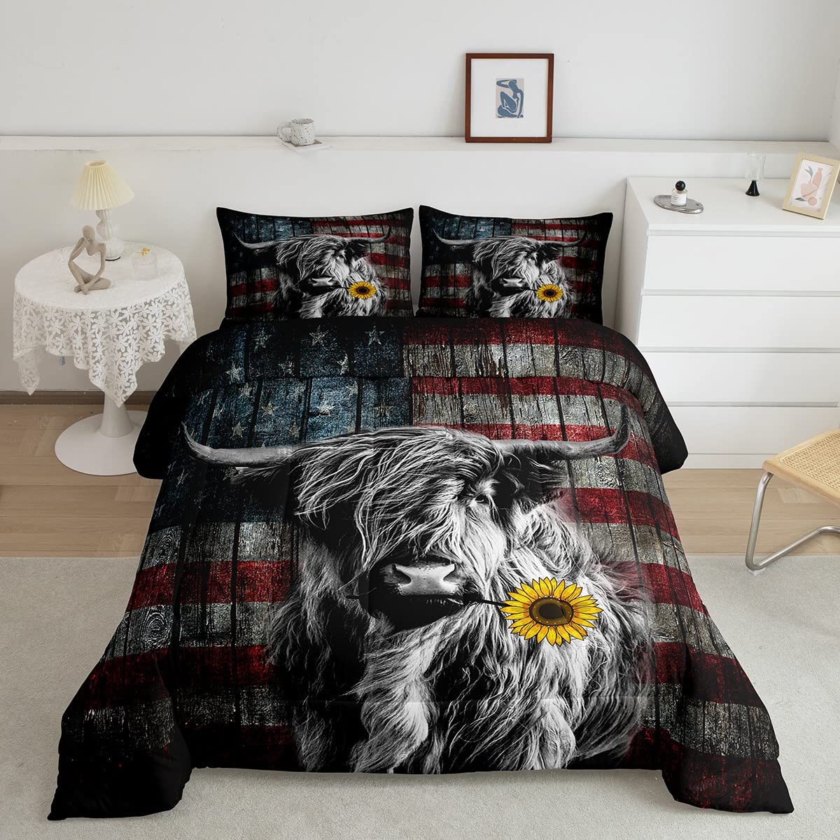 Feelyou Highland Cattle Bedding Set Sunflower Highland Cow Comforter Set for Kids Boys Girls America Flag Bull Comforter Animal 