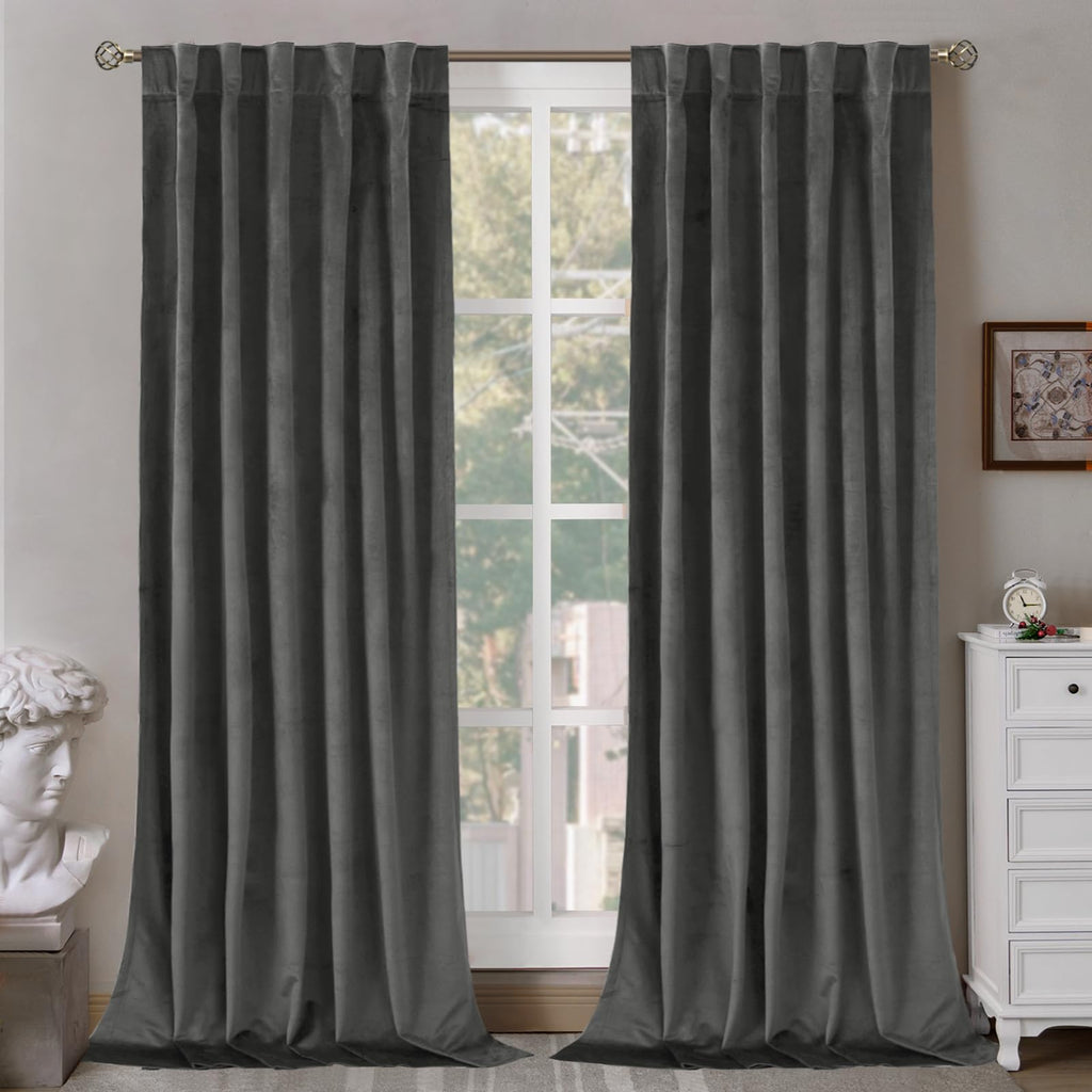 Bgment Grey Velvet Blackout Curtains For Living Room, 84 Inches Long Thermal Insulated Curtains Noise Reduce Back Tab And Rod Po