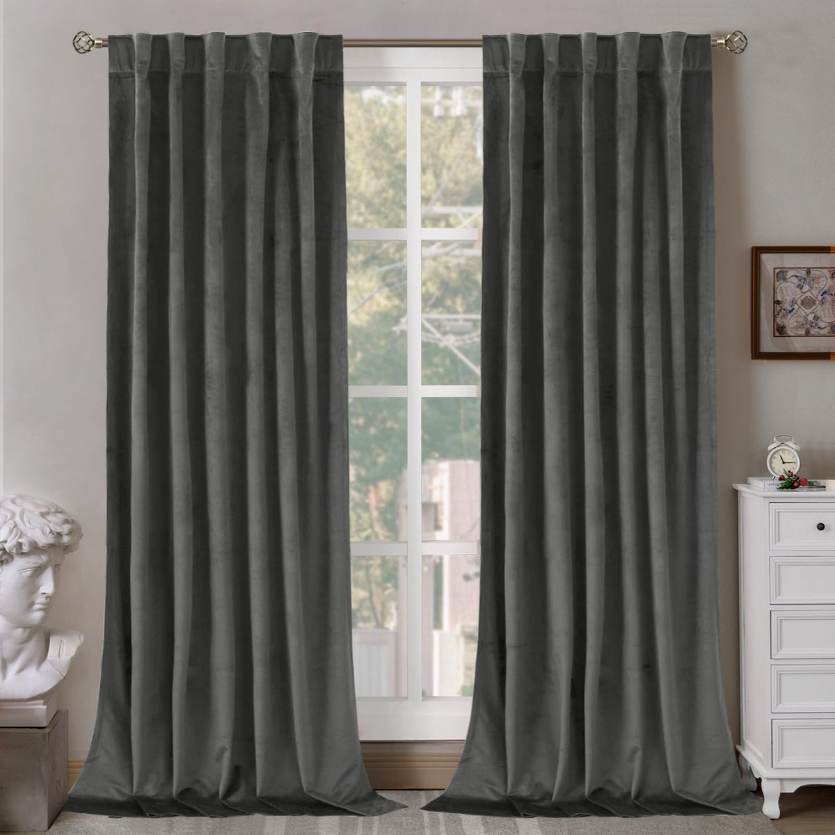 Bgment Grey Velvet Blackout Curtains For Living Room, 84 Inches Long Thermal Insulated Curtains Noise Reduce Back Tab And Rod Po