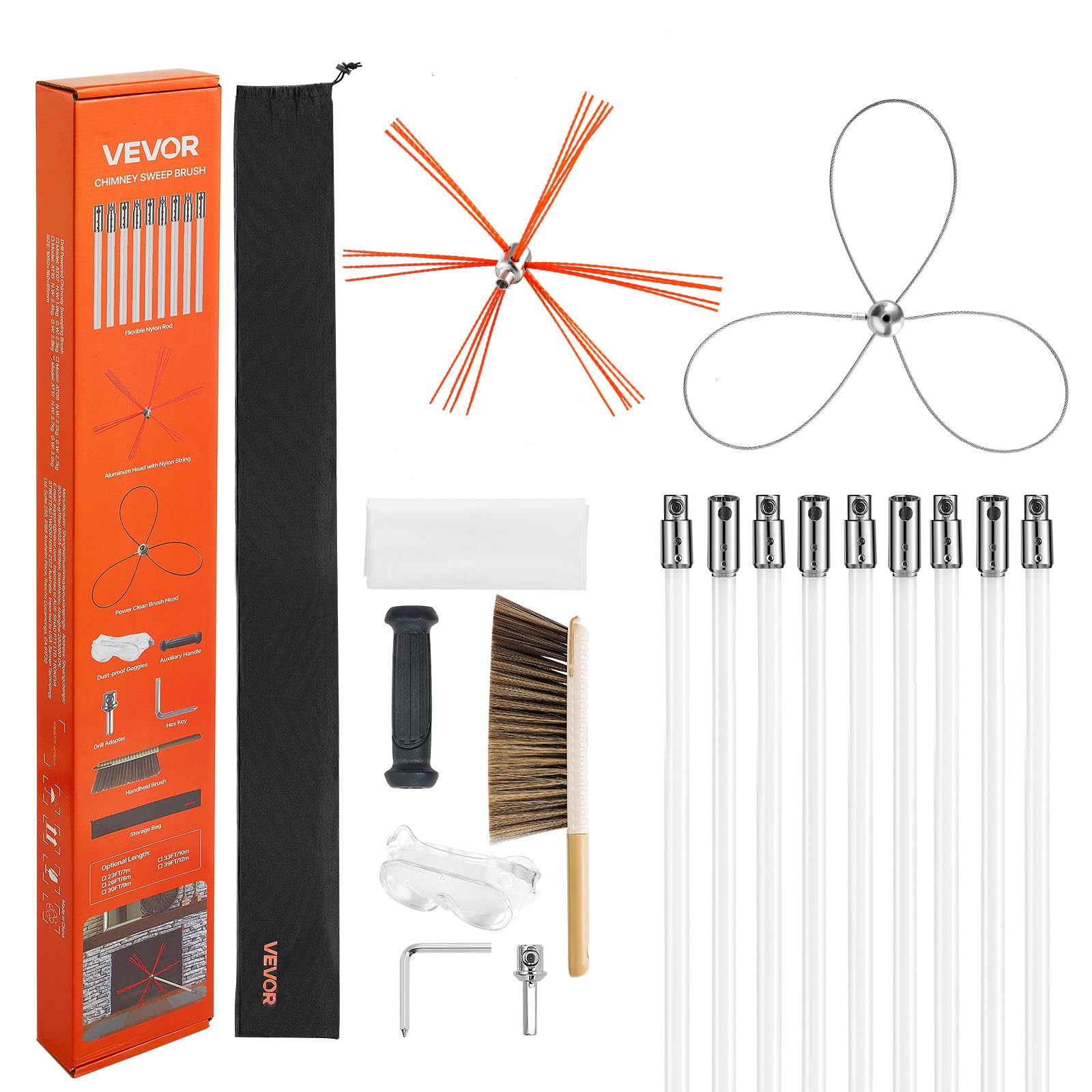 VEVOR Chimney Sweep Kit, 30 ft Maximum Extendable Length Chimney Brush, Chimney Cleaner Sweeper with Dual Brush Heads, Brush & G