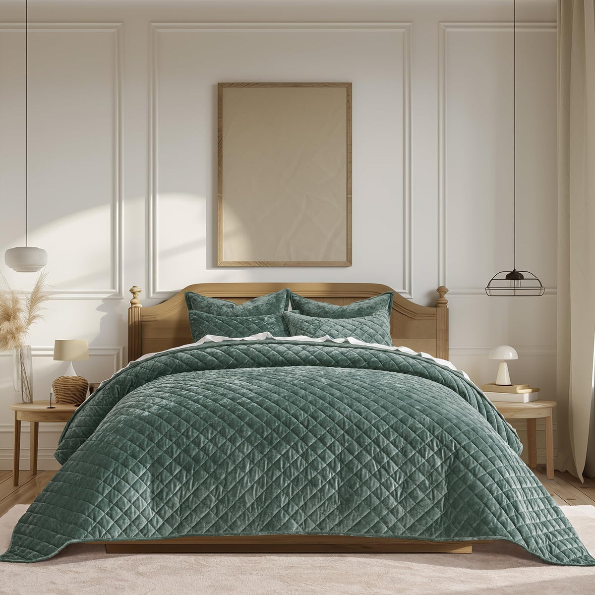 Evergrace Luxury Velvet Quilt Set Queen Size, Diamond Quilted Lightweight Velvet Comforter For All Season, Ultra Soft Oversized