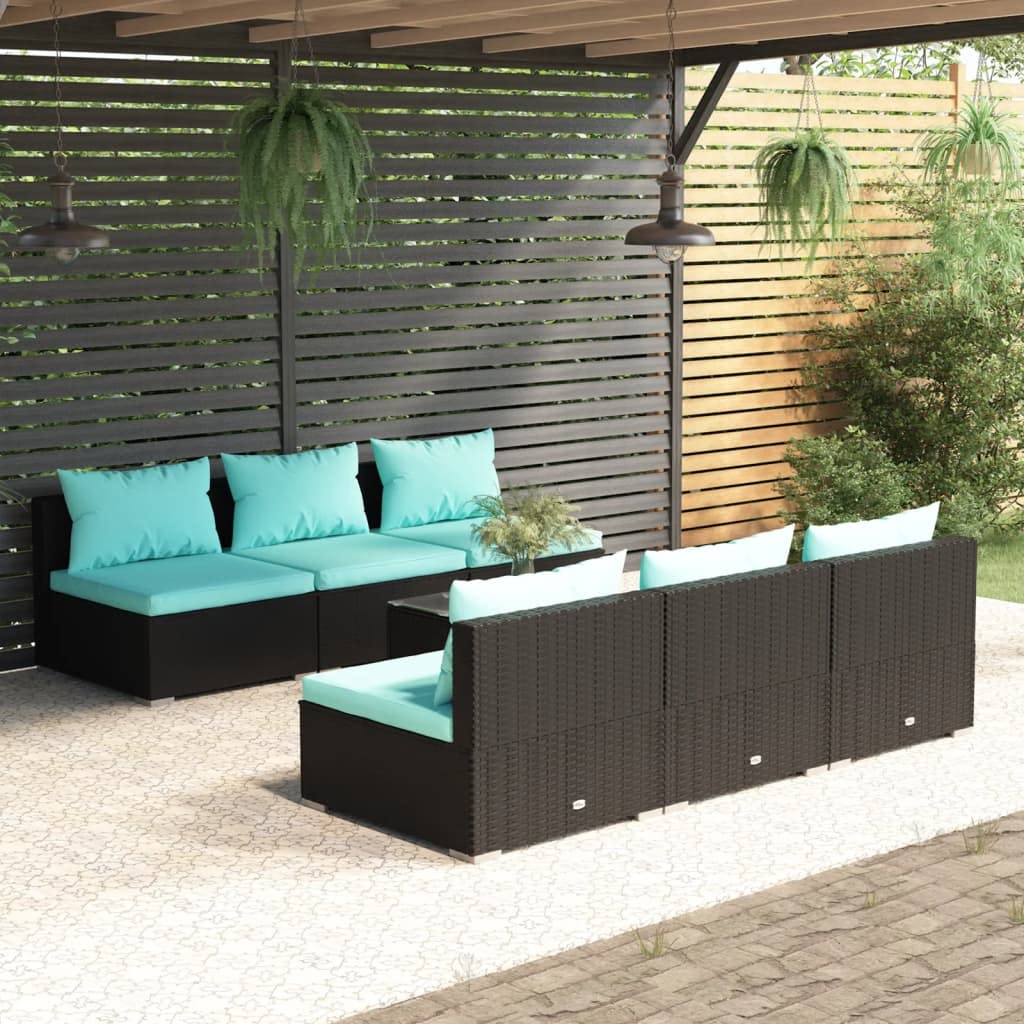 vidaXL 7 Piece Patio Lounge Set with Cushions – Water-Resistant Poly Rattan Patio Set in Black with Aqua Colour Cushions - Modular Design for Versatility