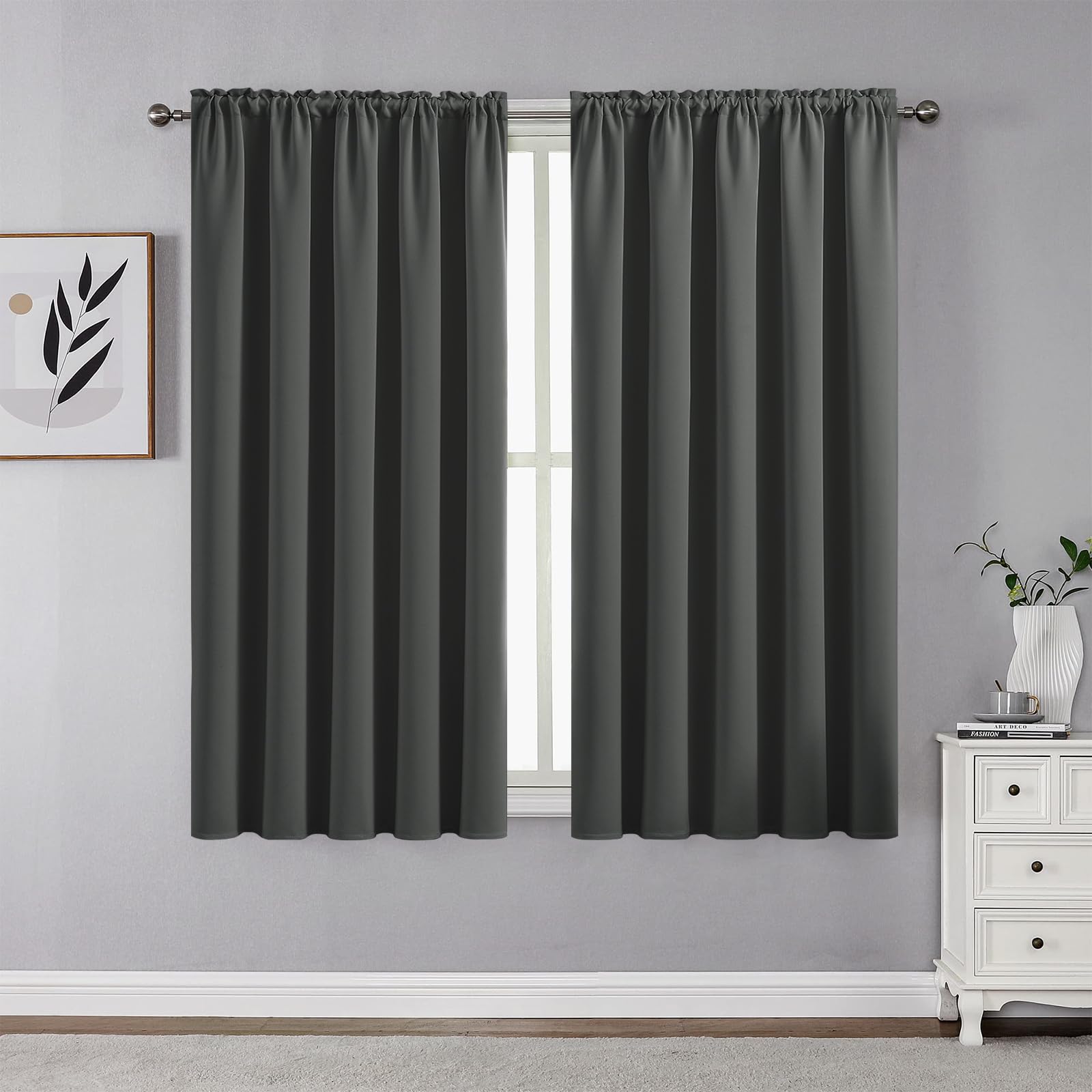 CUCRAF Dark Grey Blackout Curtains 45 inch Length 2 Panels Set, Rod Pocket Room Darkening Drapes for Bedroom Living Room, Insula