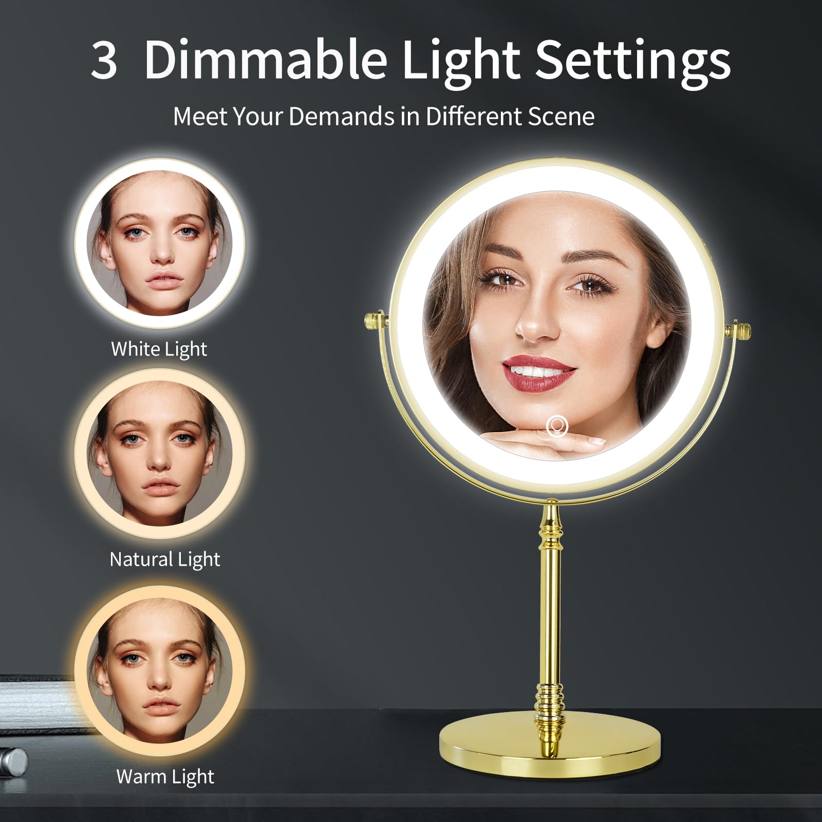 Dowry Rechargeable Lighted Makeup Mirror 10X Magnification Vanity Mirror Tabletop Two-Sided Swivel Gold Finish