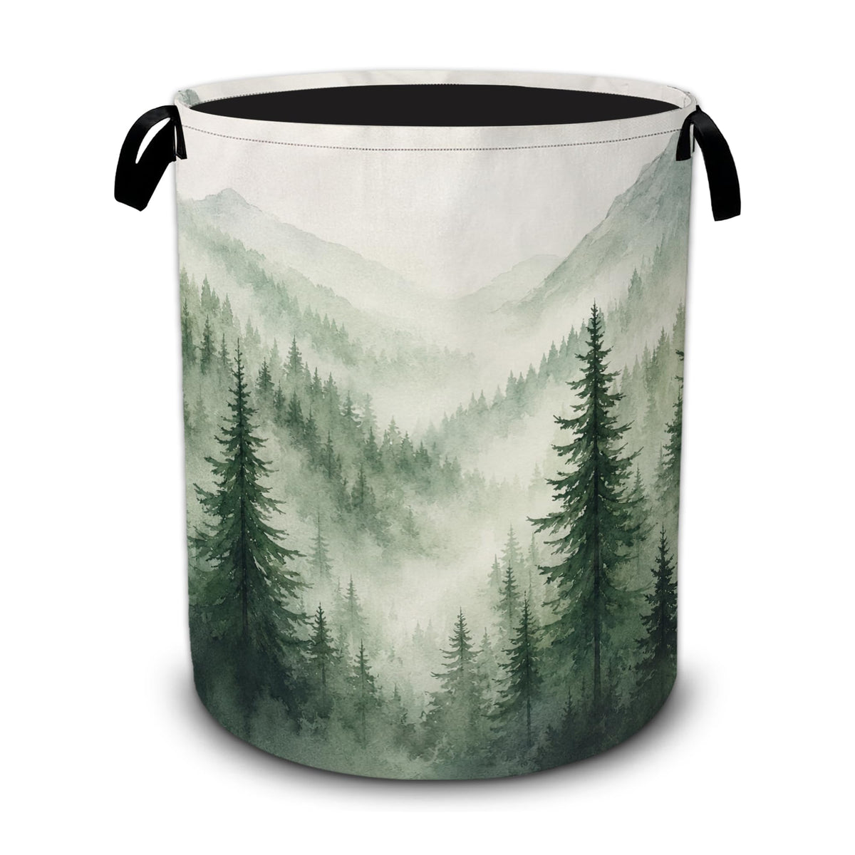 Mountains Laundry Basket,Misty Forest Large Collapsible Portable Round Laundry Hamper with Handles,Oxford Storage Bin for Clothe