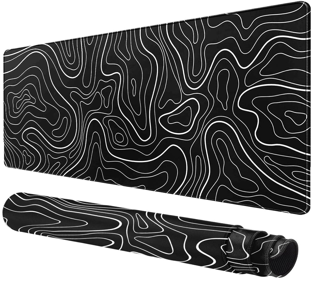 Large Mouse Pad For Desk - Gaming Mouse Pad With Stitched Edges, Natural Rubber Anti-Slip Base, Minimalist Black Topographic Con