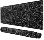 Large Mouse Pad For Desk - Gaming Mouse Pad With Stitched Edges, Natural Rubber Anti-Slip Base, Minimalist Black Topographic Con