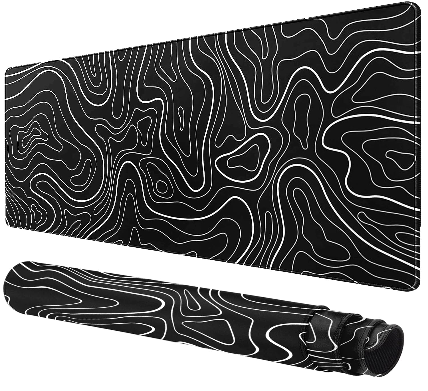 Large Mouse Pad For Desk - Gaming Mouse Pad With Stitched Edges, Natural Rubber Anti-Slip Base, Minimalist Black Topographic Con
