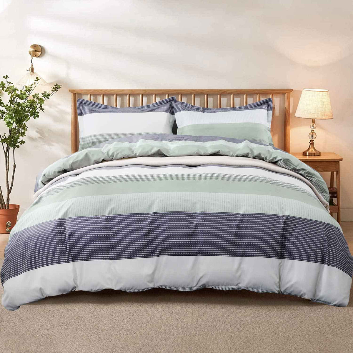 Nanko King Duvet Cover Set 3Pc 104X90 Gray Mint Green Striped Pattern Printed Luxury Microfiber Comforter Quilt Bedding Cover Wi