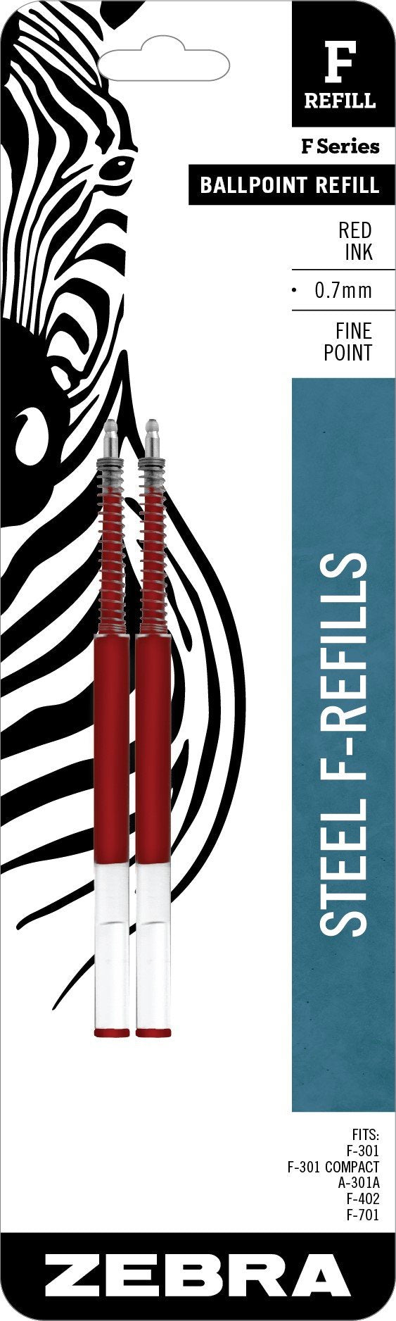 Zebra Pen F-Series Stainless Steel Ballpoint Pen Refill, Fine Point, 0.7Mm, Red Ink, 2-Pack