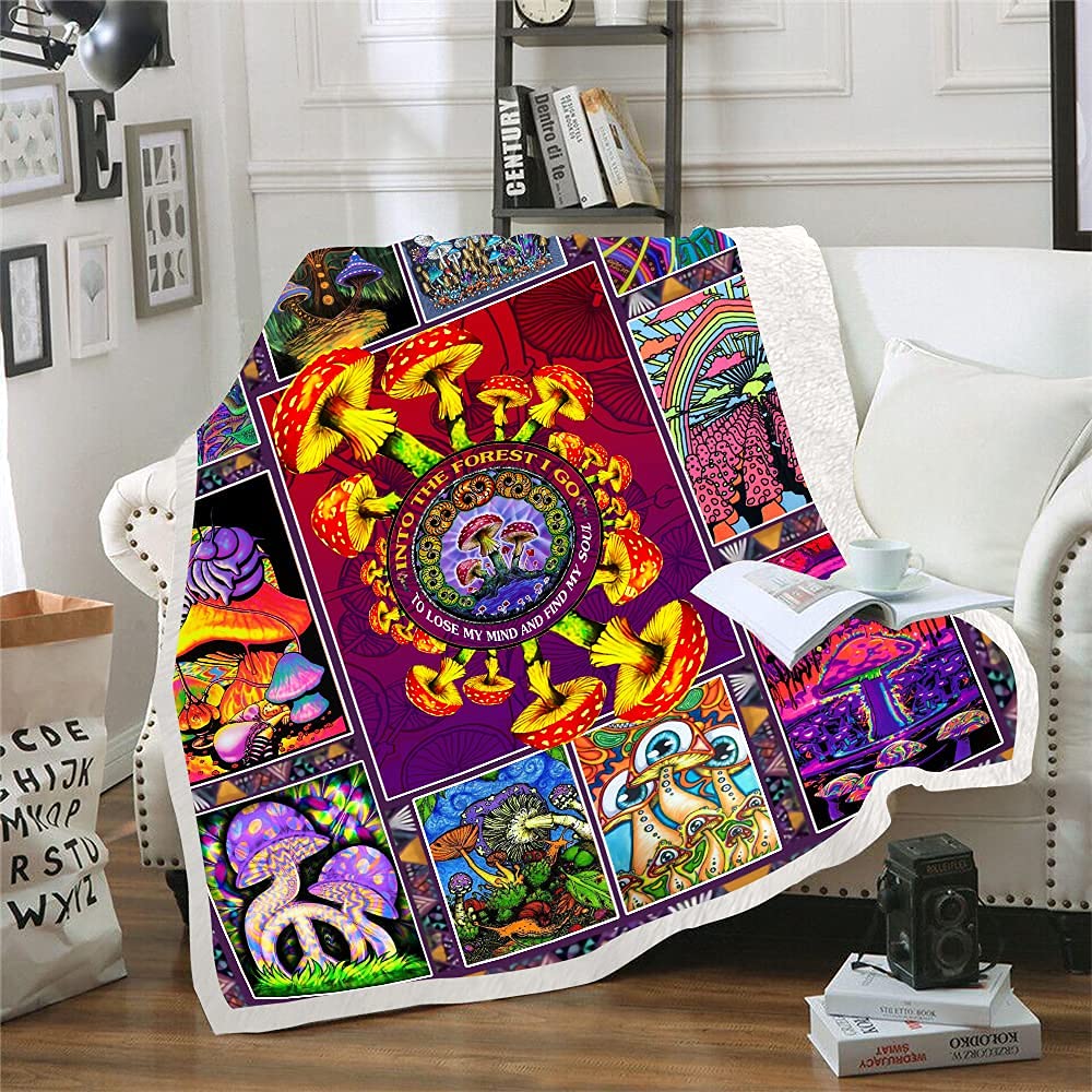 Trippy Mushroom Blanket Hippie Plant Throw Blankets For Couch Trippy Sherpa Fleece Blankets Soft Cotton Fuzzy Blanket Wool Plush