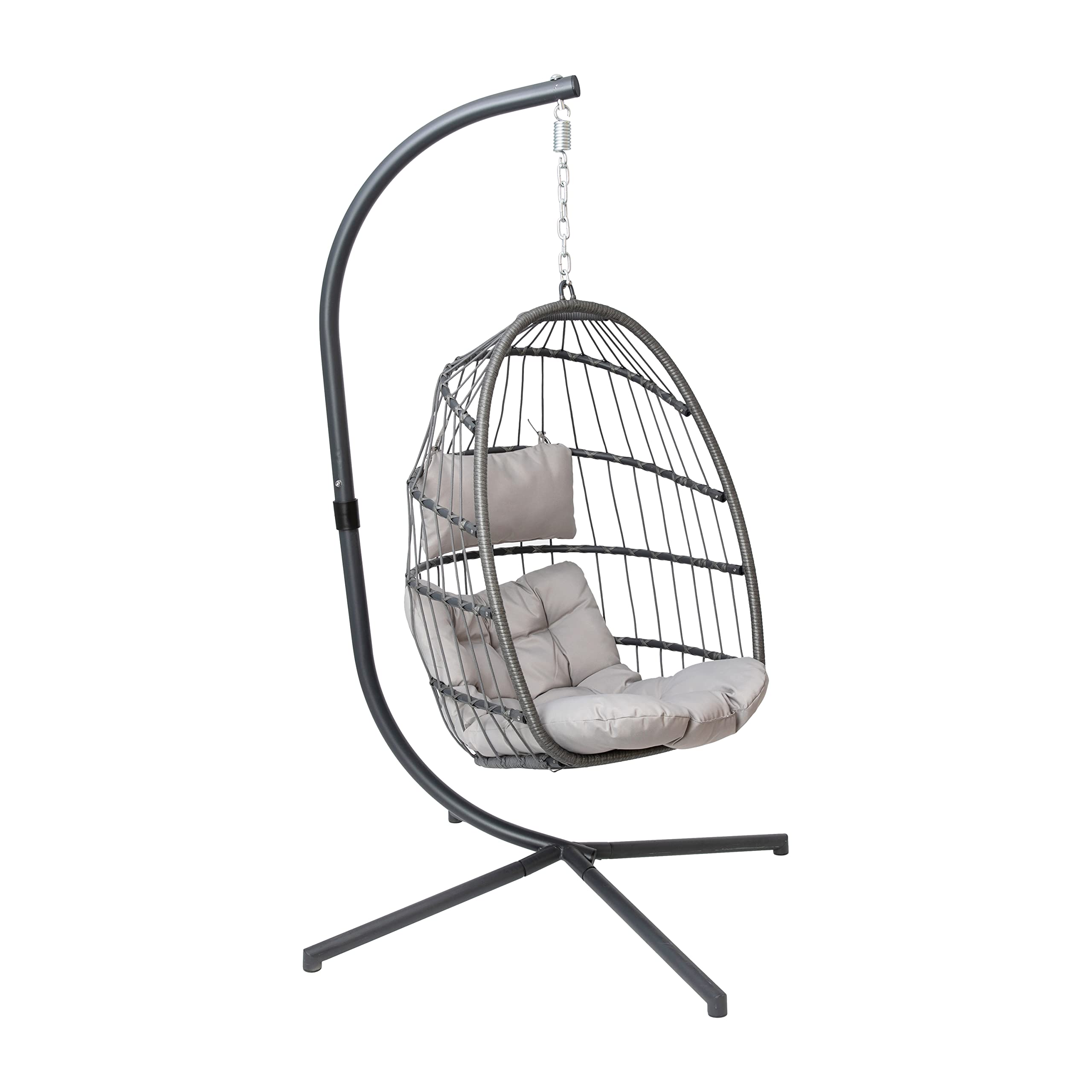 Flash Furniture Cleo Indoor/Outdoor Patio Hanging Egg Chair - Gray Frame With Gray Seat Cushions - Black Powder Coated C-Style Stand - Hanging Hardware Included