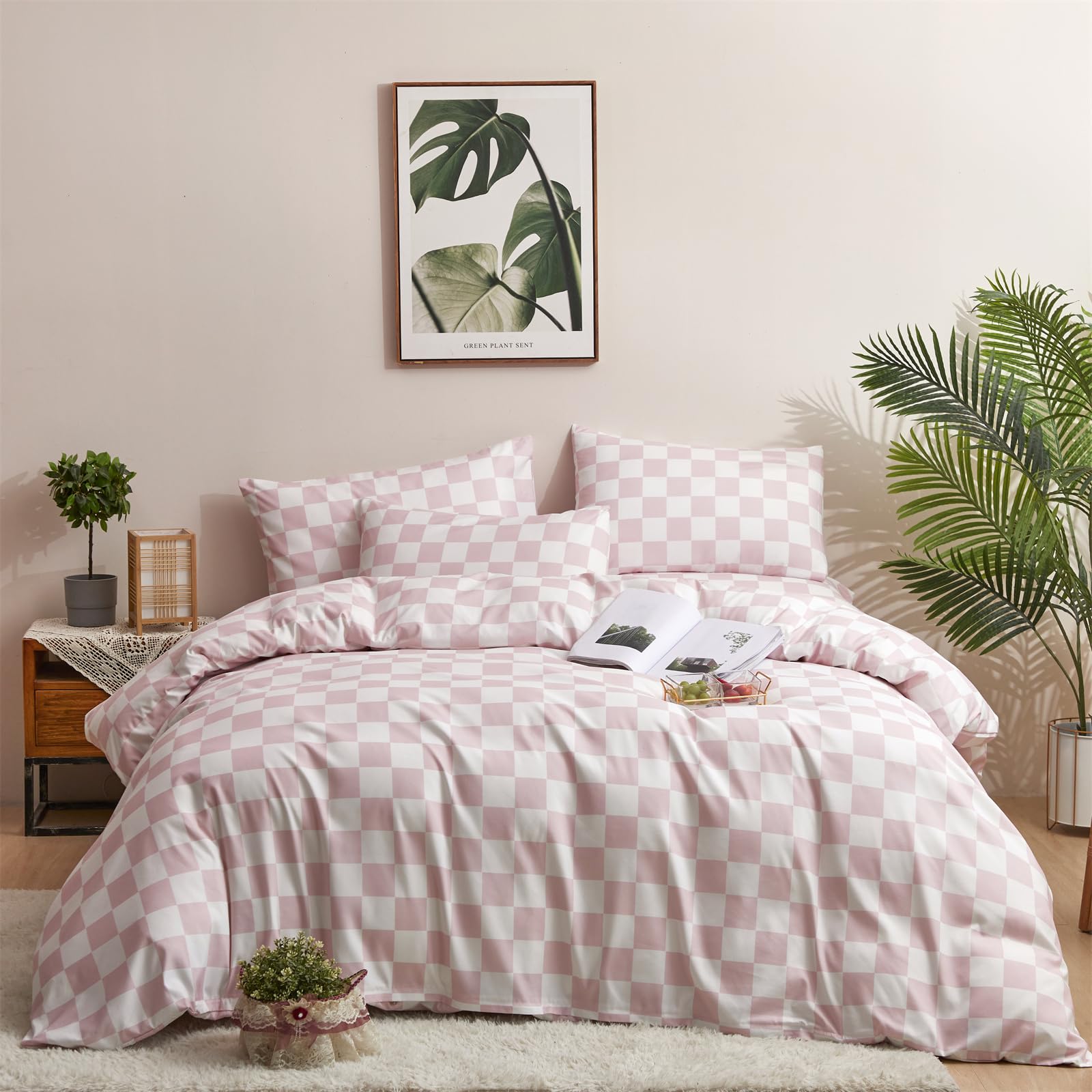Clothknow Pink White Plaid King Comforter Set 3Pcs Grid Bedding Comforter Sets Checker Comforter King Soft Pink Blush Comforter And 2 X Pillowcases