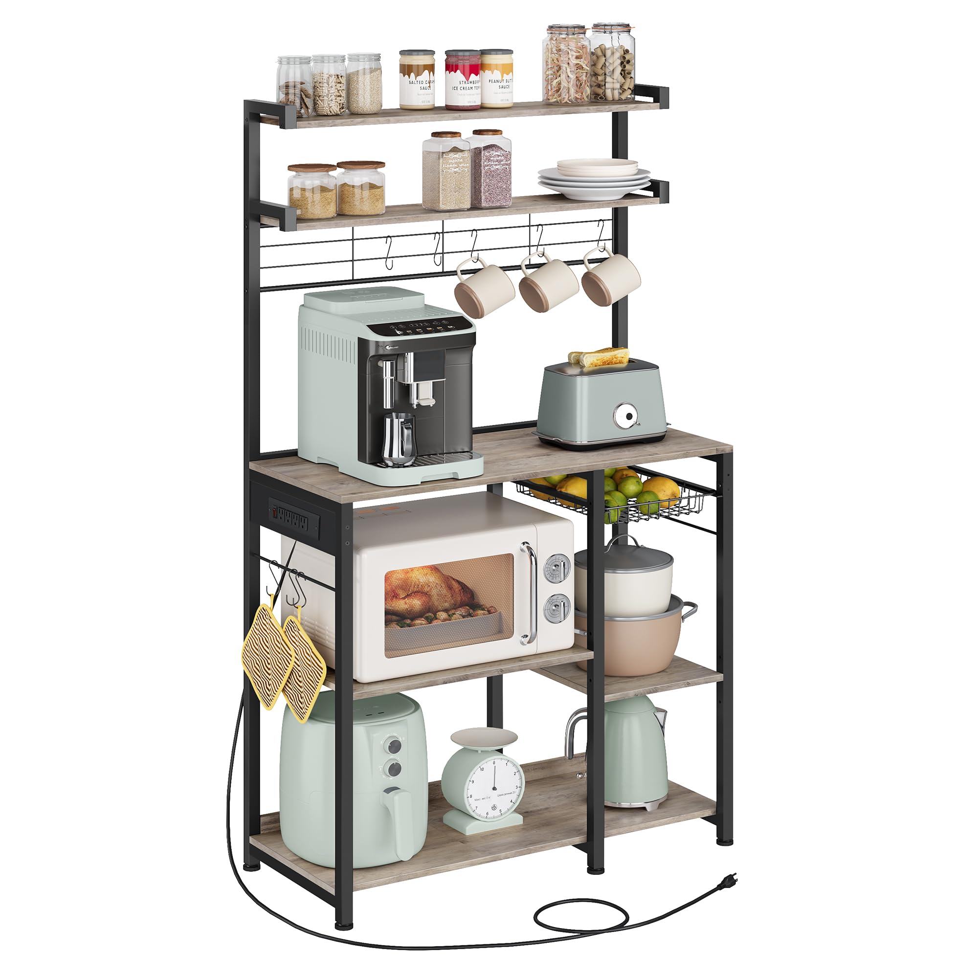 VASAGLE Bakers Rack with Power Outlet, 35.4 Inches Microwave Stand, Coffee Bar, 4 AC Outlets, with Adjustable Shelves, 8 S-Hooks