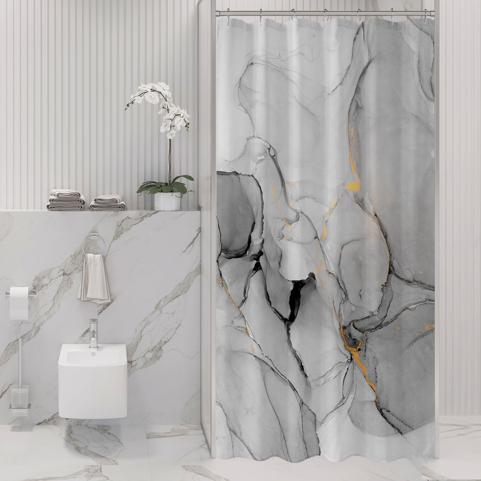Gibelle Small Stall Shower Curtain 36 x 72, Narrow Half Abstract Grey Marble Shower Curtain, Modern Ink Art Waterproof Fabric Sh