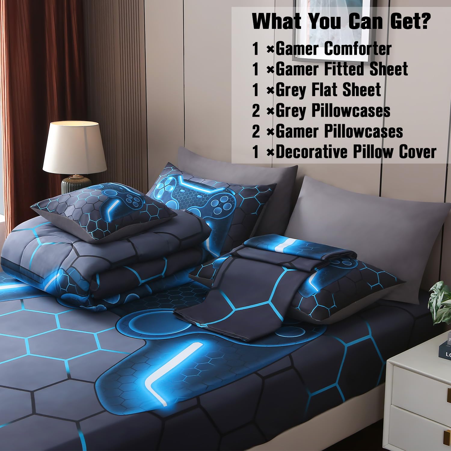 Jqinhome Twin Gamer Comforter Set 8 Piece Bed In A Bag For Boys,3D Video Game Bedding -All Season Soft Microfiber Down Alternati