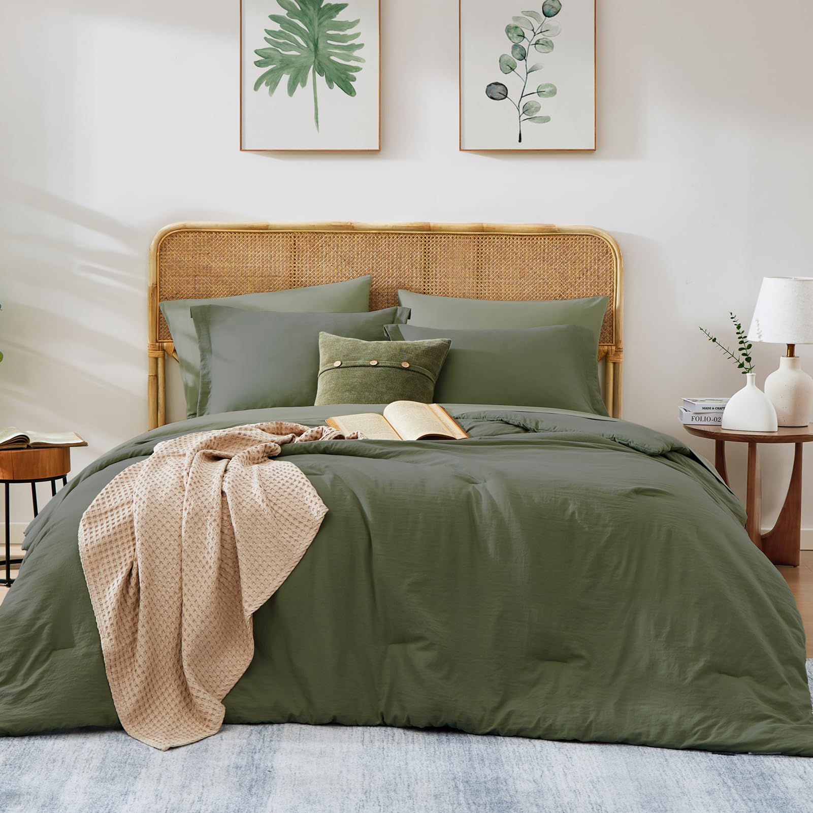 Wrensonge Olive Green Full Size Comforter, 7 Pieces Soft Dark Green Full Size Comforter Sets- Full Comforter Fitted Sheet, Flat