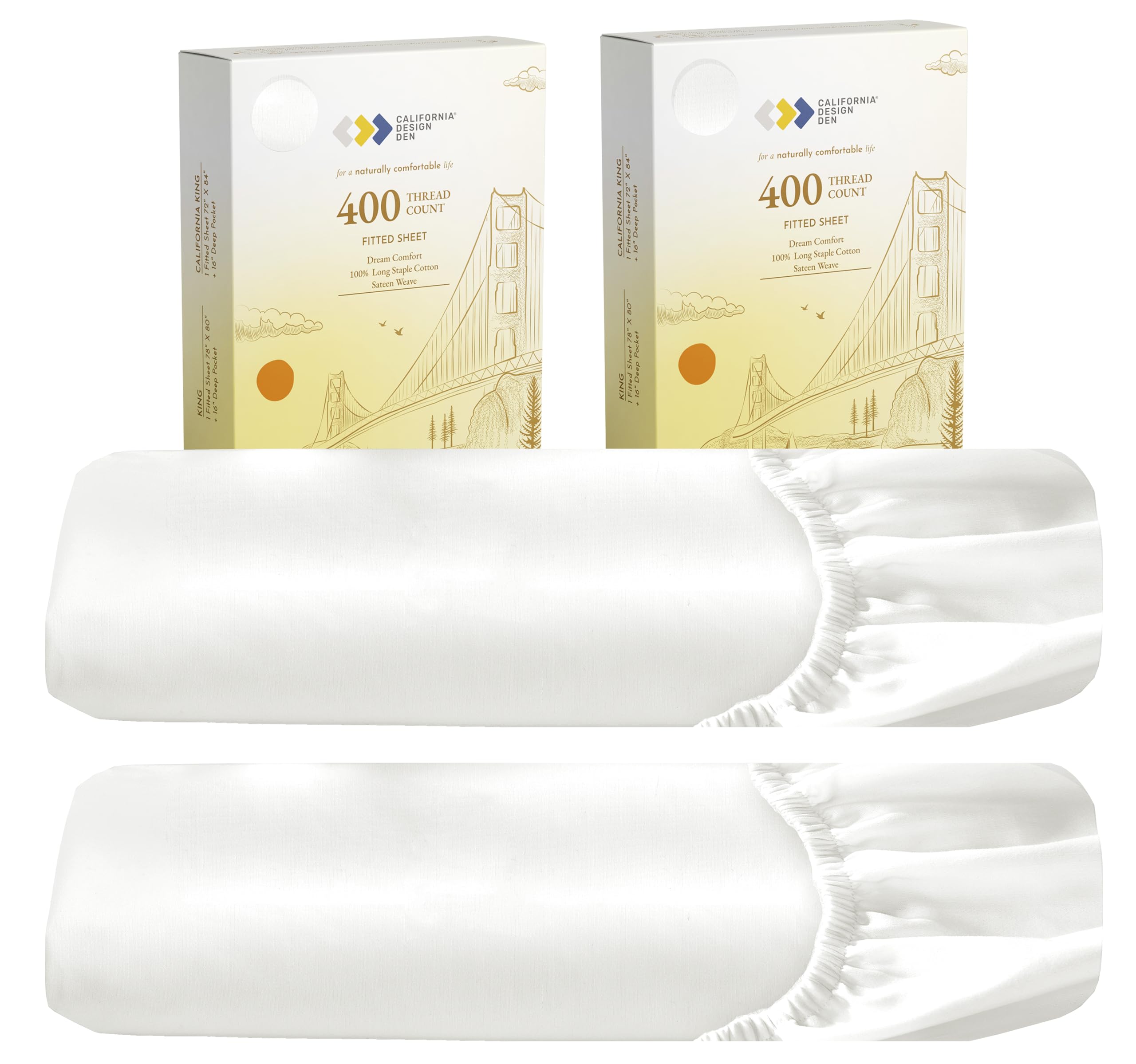 2-Pack King Size Fitted Sheets, 400 Thread Count 100% Cotton Sateen, King Size Fitted Sheets With Deep Pockets (Ivory)