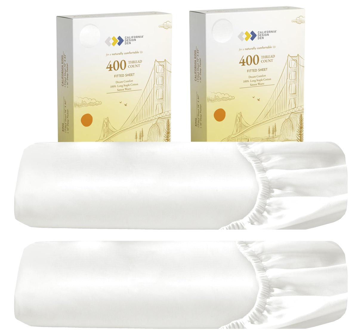 2-Pack King Size Fitted Sheets, 400 Thread Count 100% Cotton Sateen, King Size Fitted Sheets With Deep Pockets (Ivory)