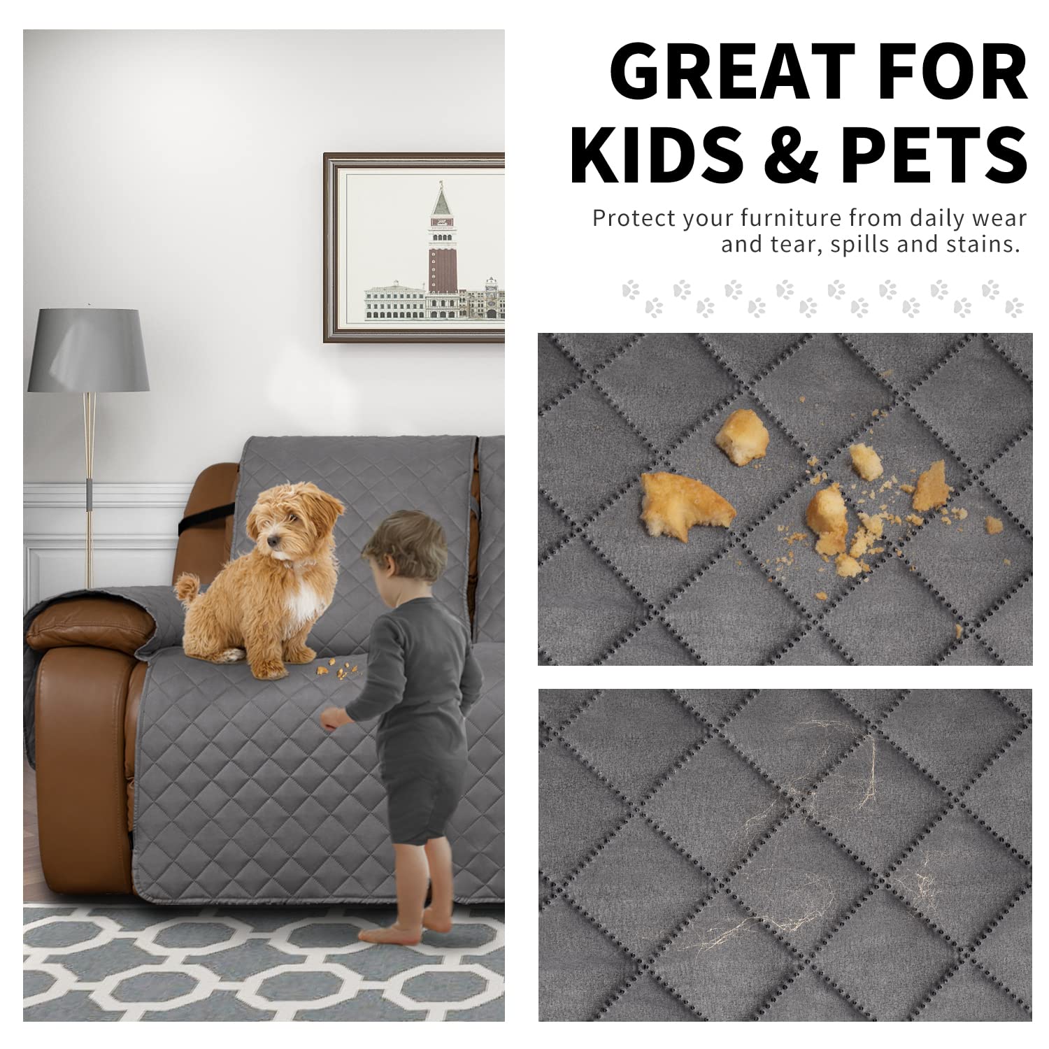 Easy-Going Oversized Recliner Sofa Cover, Reversible Couch Cover For 3 Seat Recliner, Split Sofa Cover For Each Seat With Elastic Straps For Kids, Dogs, Pets (3 Seater, Gray/Gray)