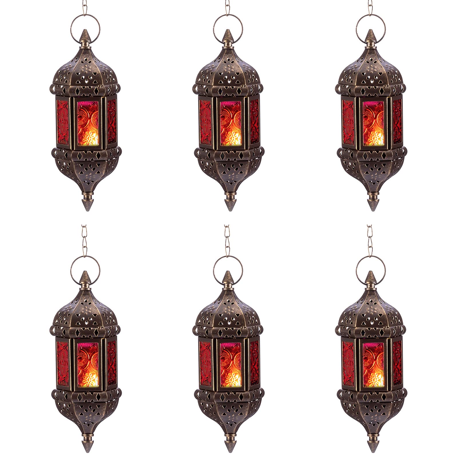 6 Pcs Hanging Hexagon Decorative Moroccan Candle Lantern Holders, Handmade Hanging Tea Light Holder in Bronze Metal & Red & Purp