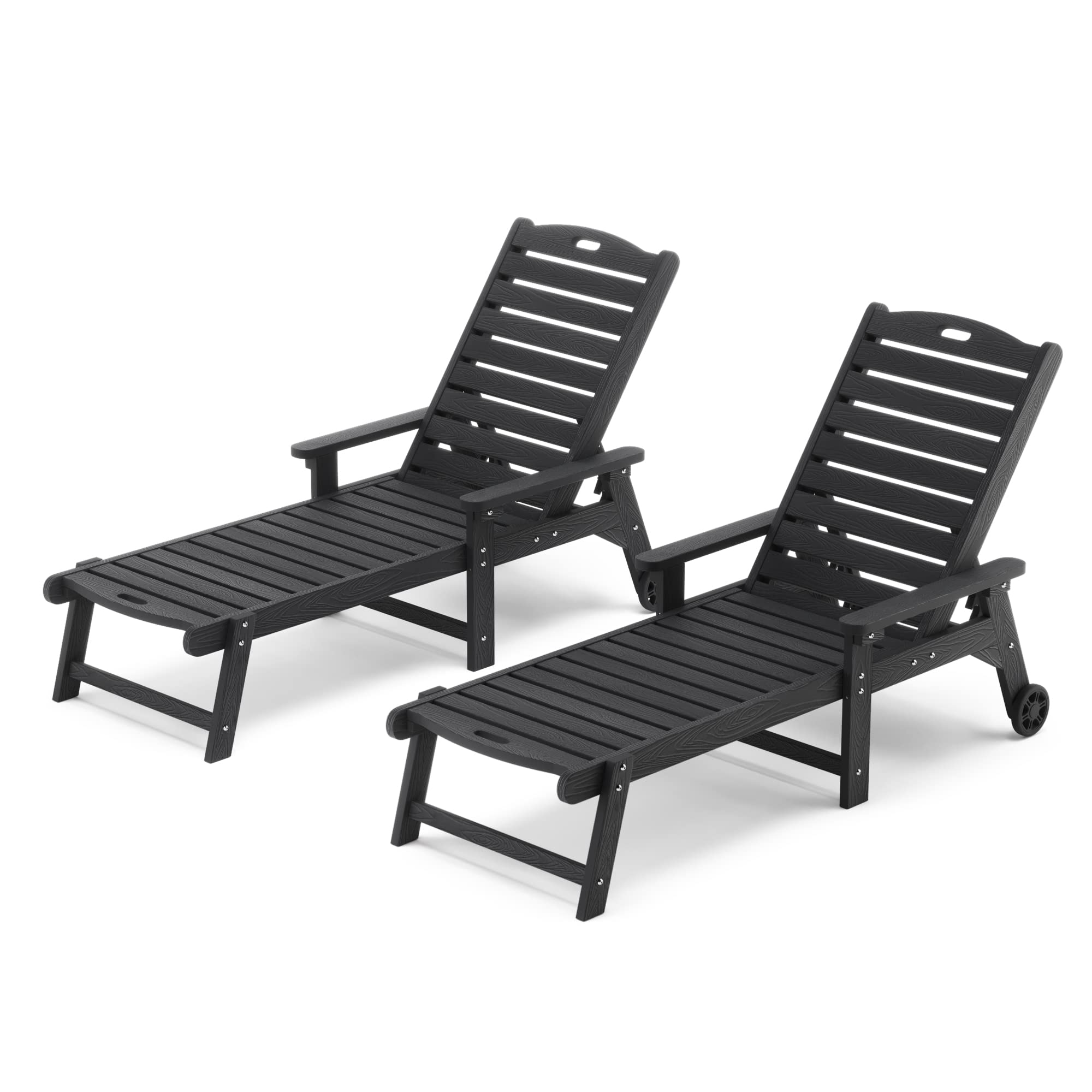 Lue Bona Outdoor Chaise Lounge Chairs Set Of 2, 79'' Oversized Hdps Chaise Lounger, 5 Positions Adjustable Lounge Chairs, Pool Lounge Chair With Wheels For Poolside, Backyard, 3 Year Warranty, Black