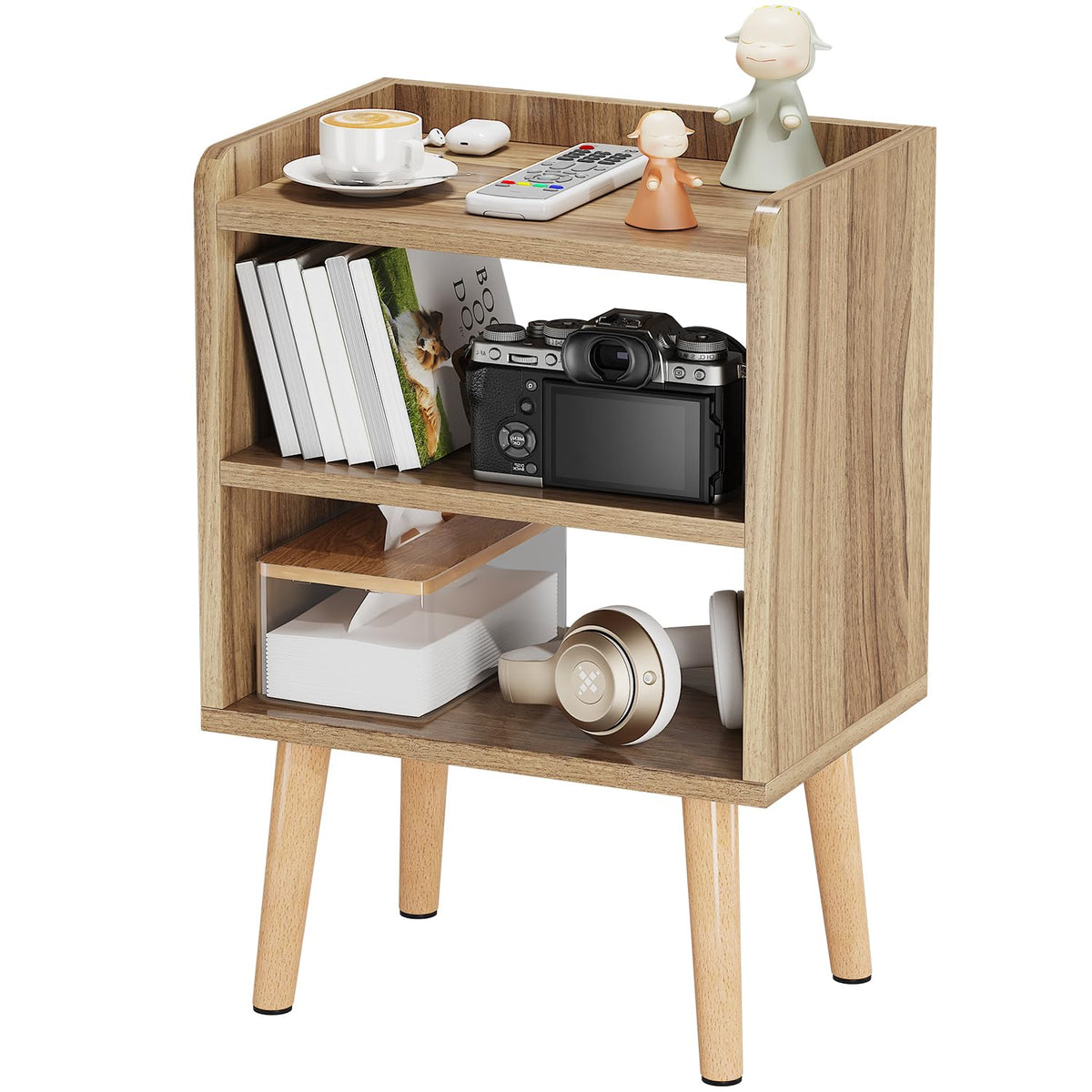 Lucknock Night Stand, Modern Bedside Tables, Mid Century Nightstands With Open Storage Shelf, Wood Bedside Table, Small Night Stands For Bedroom, 3-Tier Night Table, Walnut.