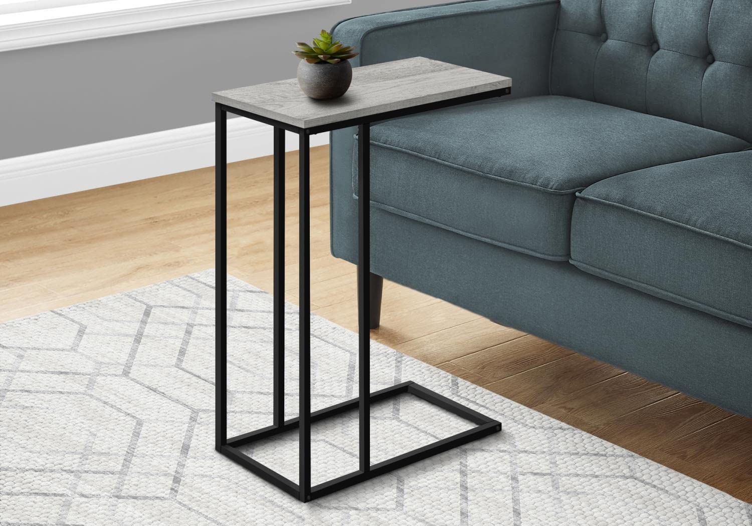 Monarch Specialties 3762 Accent Table, C-Shaped, End, Side, Snack, Living Room, Bedroom, Metal, Laminate, Black, Contemporary, Modern Table-25, 15.75&quot; L x 9.45&quot; W x 24&quot; H, Grey Wood-Look