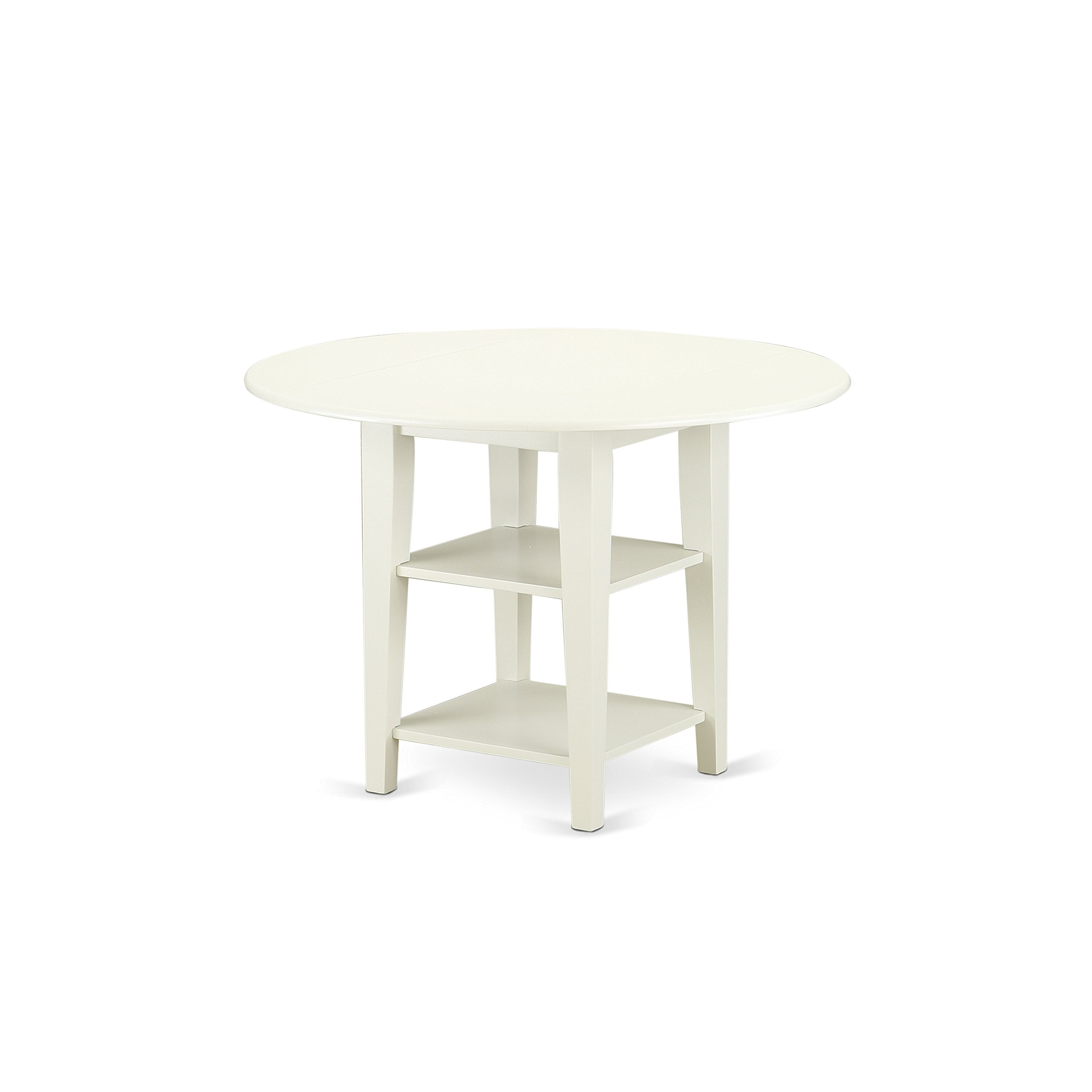 East West Furniture SUNO3-LWH-W 3 Piece Dining Room Furniture Set Contains a Round Kitchen Table with Dropleaf & Shelves and 2 Dining Chairs, 42x42 Inch, Linen White