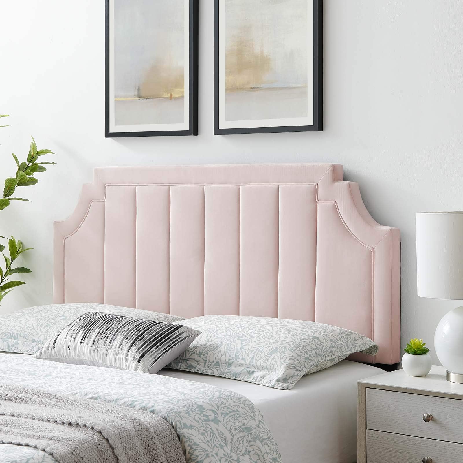 Modway Alyona Channel Tufted Performance Velvet Full/Queen Headboard in Pink