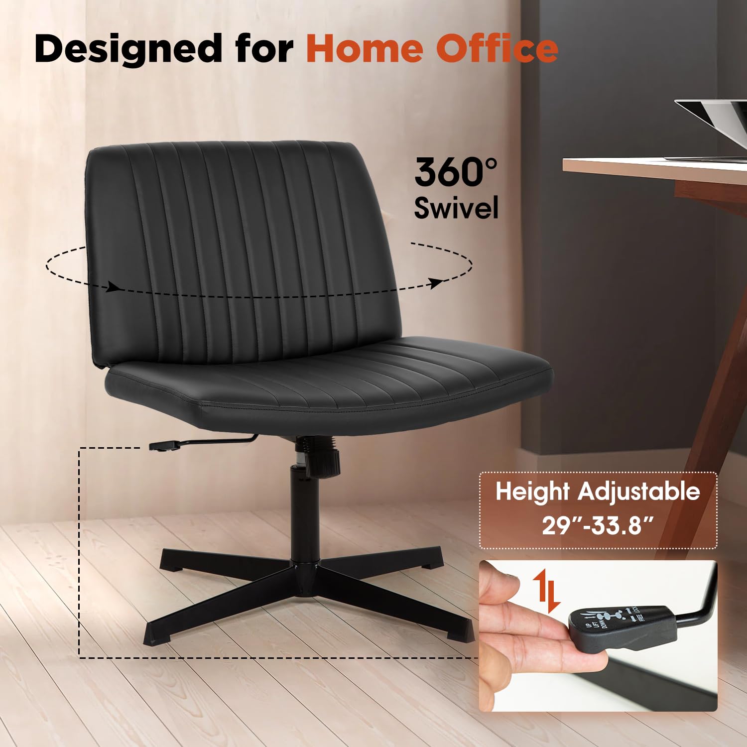 Paylesshere Criss Cross Chair,Armless Cross Legged Office Chair,Wide Comfty Desk Chair With No Wheels Modern Height Adjustable,Swivel Fabric Vanity Chair Computer Task Chair (Pack Of 1, Black)