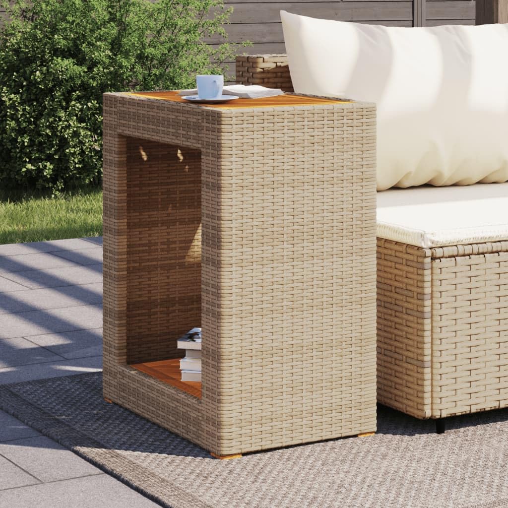 vidaXL Patio Side Table - Beige 23.6"x15.7"x29.5" - Durable Poly Rattan & Acacia Wood Top - Outdoor/Garden/Backyard Furniture