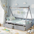 Giantex Twin Bed with 2 Storage Drawers, Wood Montessori House Tent Bed Frame with Safety Guardrail, Low Teepee Bed with Wood Sl
