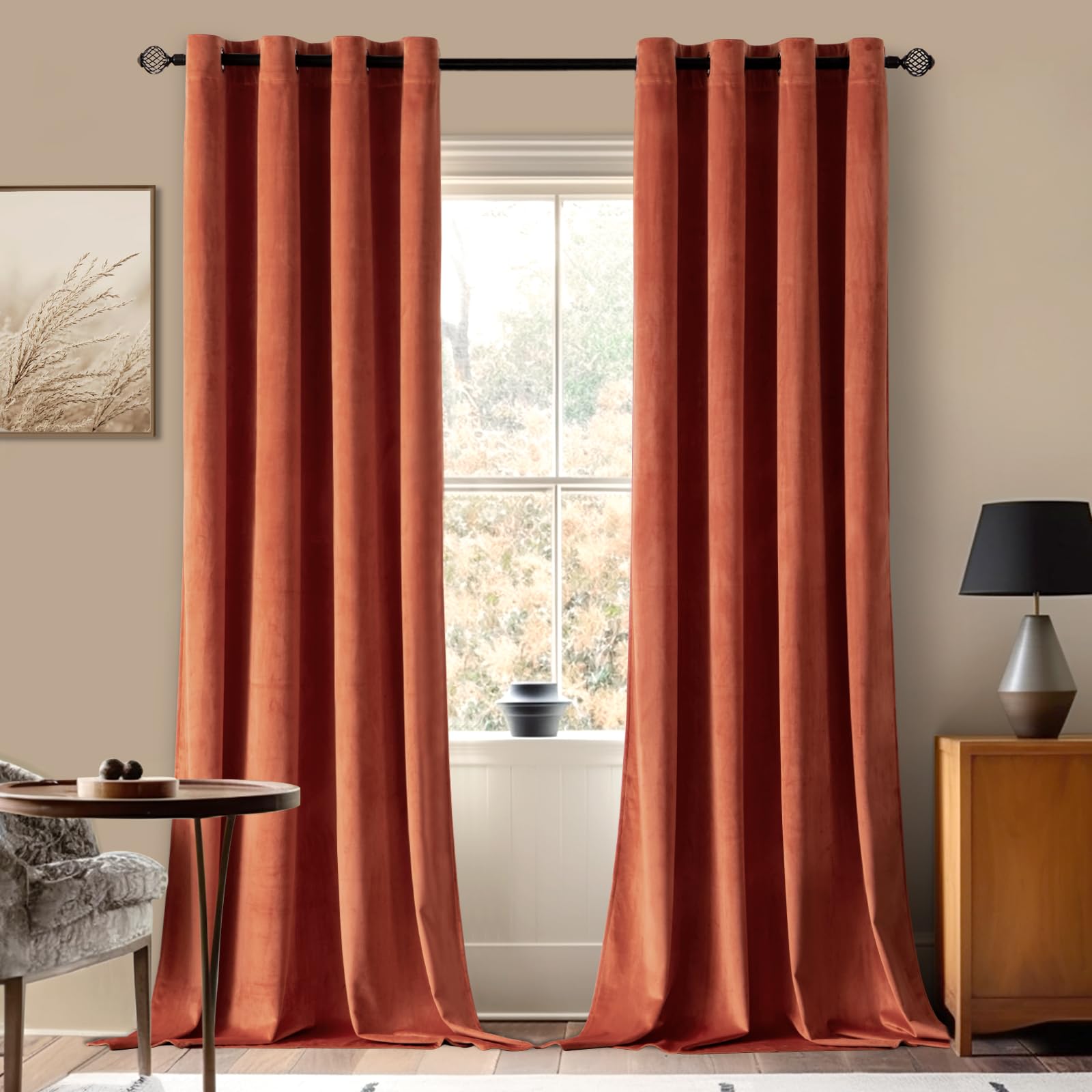 Miulee Velvet Curtains For Fall Elegant Grommet Burnt Orange Curtains Thermal Insulated Soundproof Room Darkening Rust Terracott