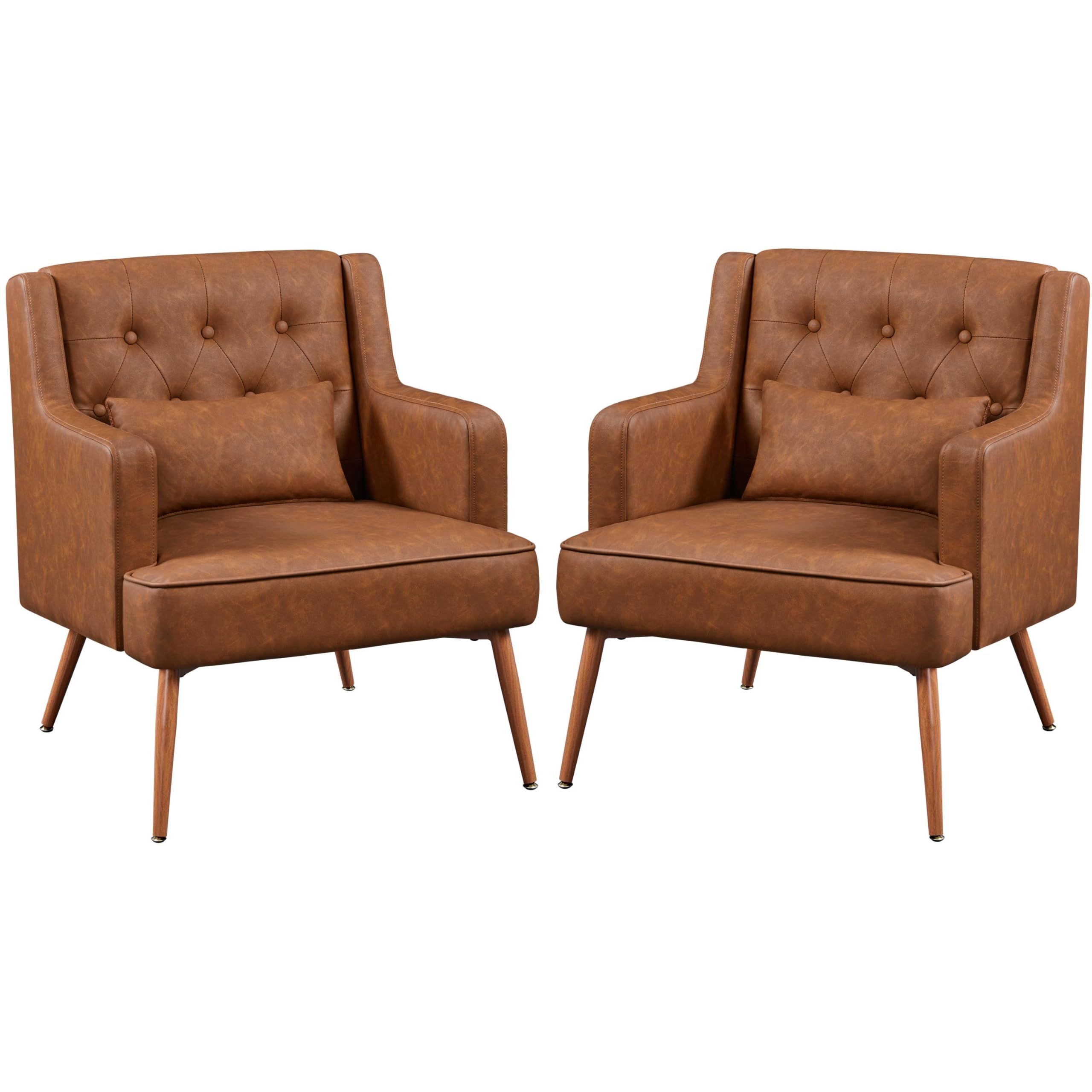 Yaheetech Accent Chair, Living Room Chair Mid Century PU Leather Armchair Lumbar Pillow, Comfy Upholstered Reading Chair Wood Le