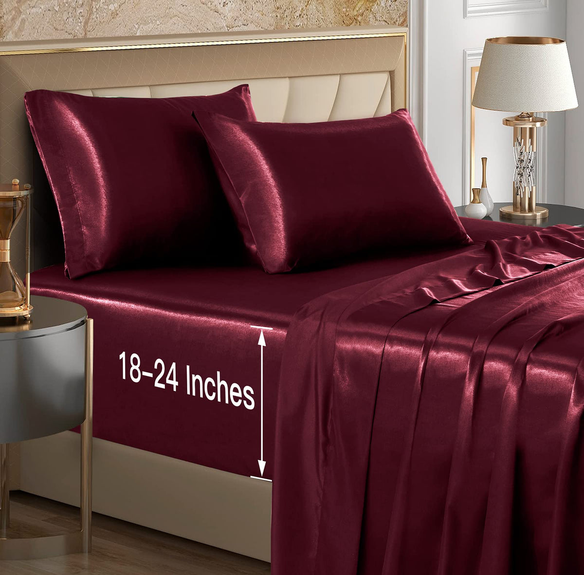 Vacvelt 4Pcs Extra Deep Pocket Satin Sheets King Size Bed Set, Burgundy Satin Sheet Set Fit 18-24 Inch Deep Pocket Mattress, Sil
