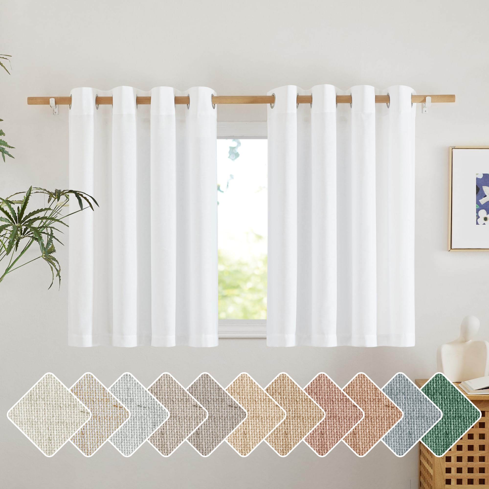Nicetown White Linen Kitchen Curtains 36 Inches Long, Grommet Short Curtains Small Window Treatments Thick Flax Linen Weave Priv