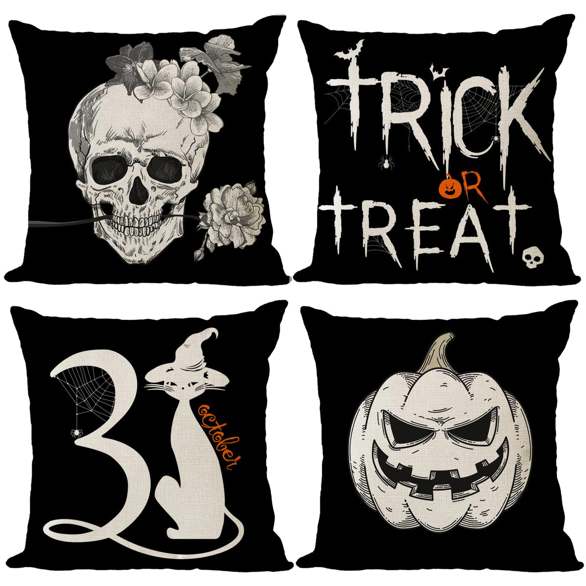 Yeeju Set Of 4 Halloween Pillow Covers 18X18 Trick Or Treat Pumpkin Decor Throw Pillow Covers Black Skull Halloween Cushion Cove