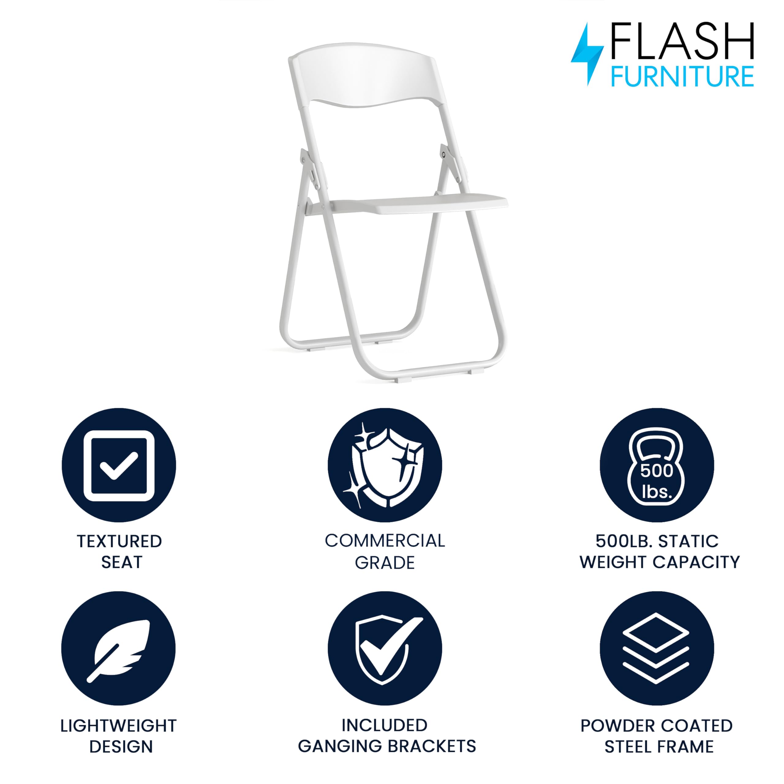 Flash Furniture HERCULES Series 500 lb. Capacity Heavy Duty White Plastic Folding Chair with Built-in Ganging Brackets