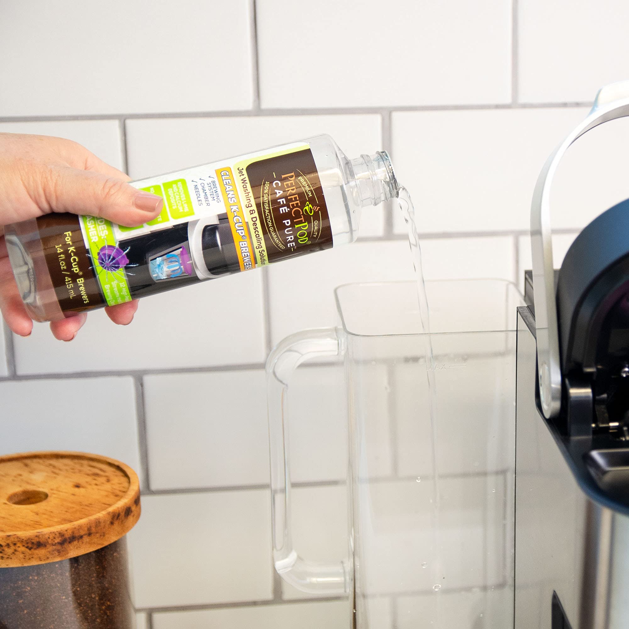 Perfect Pod Cafe Pure Descaling Solution Cleaning Kit With Jet Washer - Compatible With Keurig Coffee Makers, 14 Fl Oz Bottle